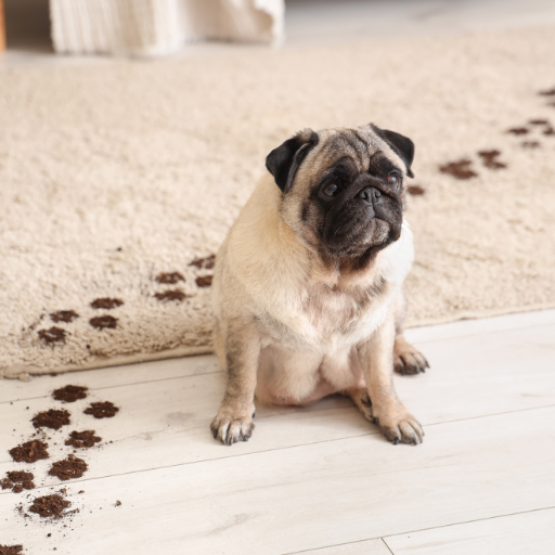A small pug dog sitting on a light-colored wooden floor next to a beige rug with brown paw print patterns.