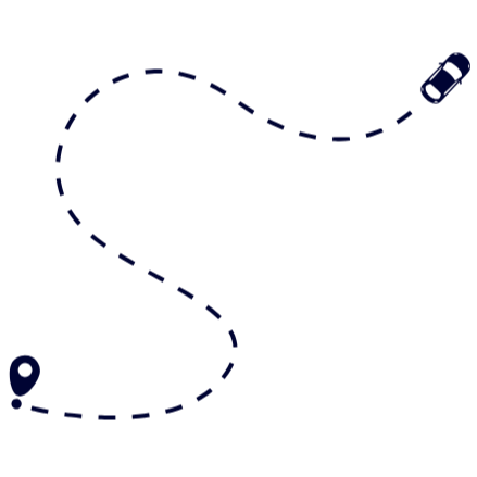 A simplified map showing a winding dashed blue route from a car icon at the top to a location pin icon at the bottom.