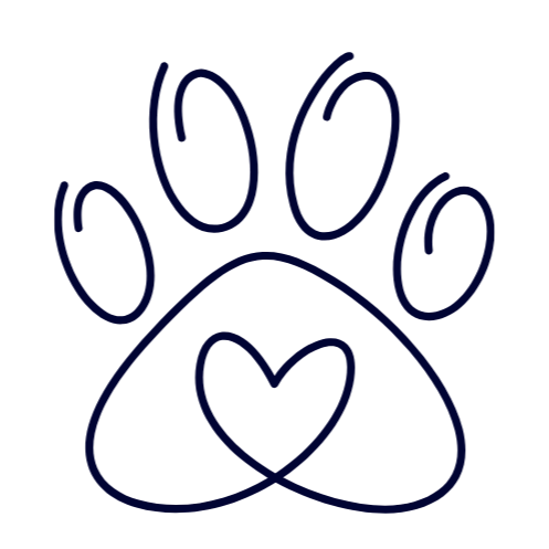 Outline of a paw print with a heart shape inside it, on a black background.