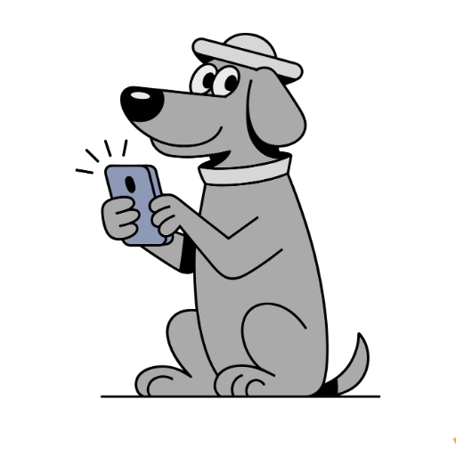 Cartoon gray dog wearing a hat, holding a smartphone, and smiling.