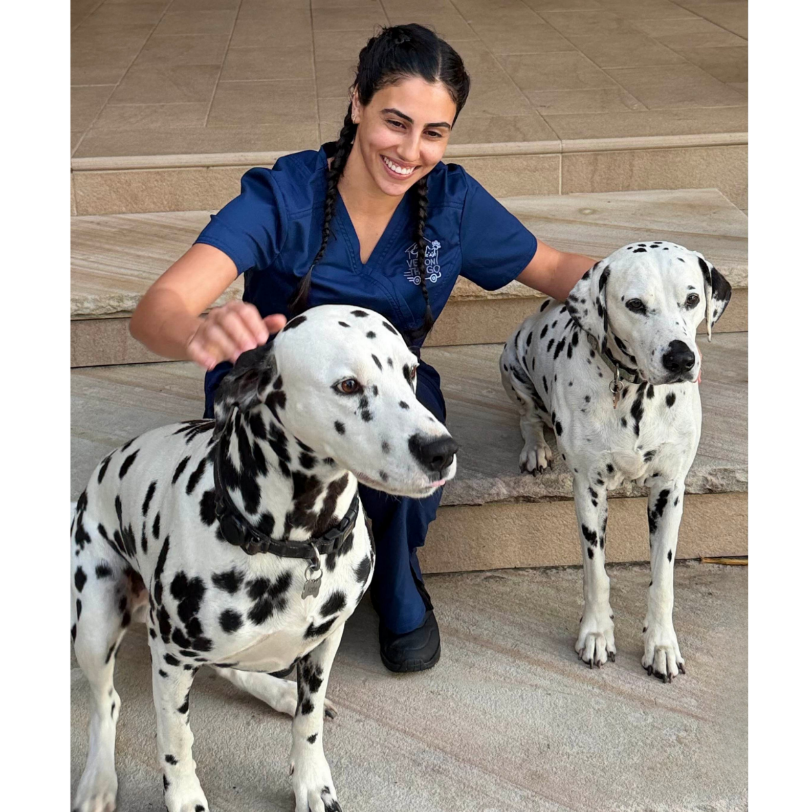 A woman in blue scrubs smiling and petting two Dalmatian dogs outdoors on a concrete stairway.