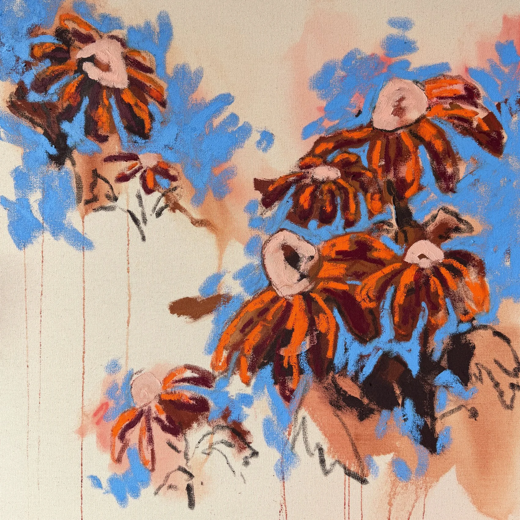 Abstract floral painting in burnt orange, burgundy and blue on raw cotton duck canvas, Australian abstract art