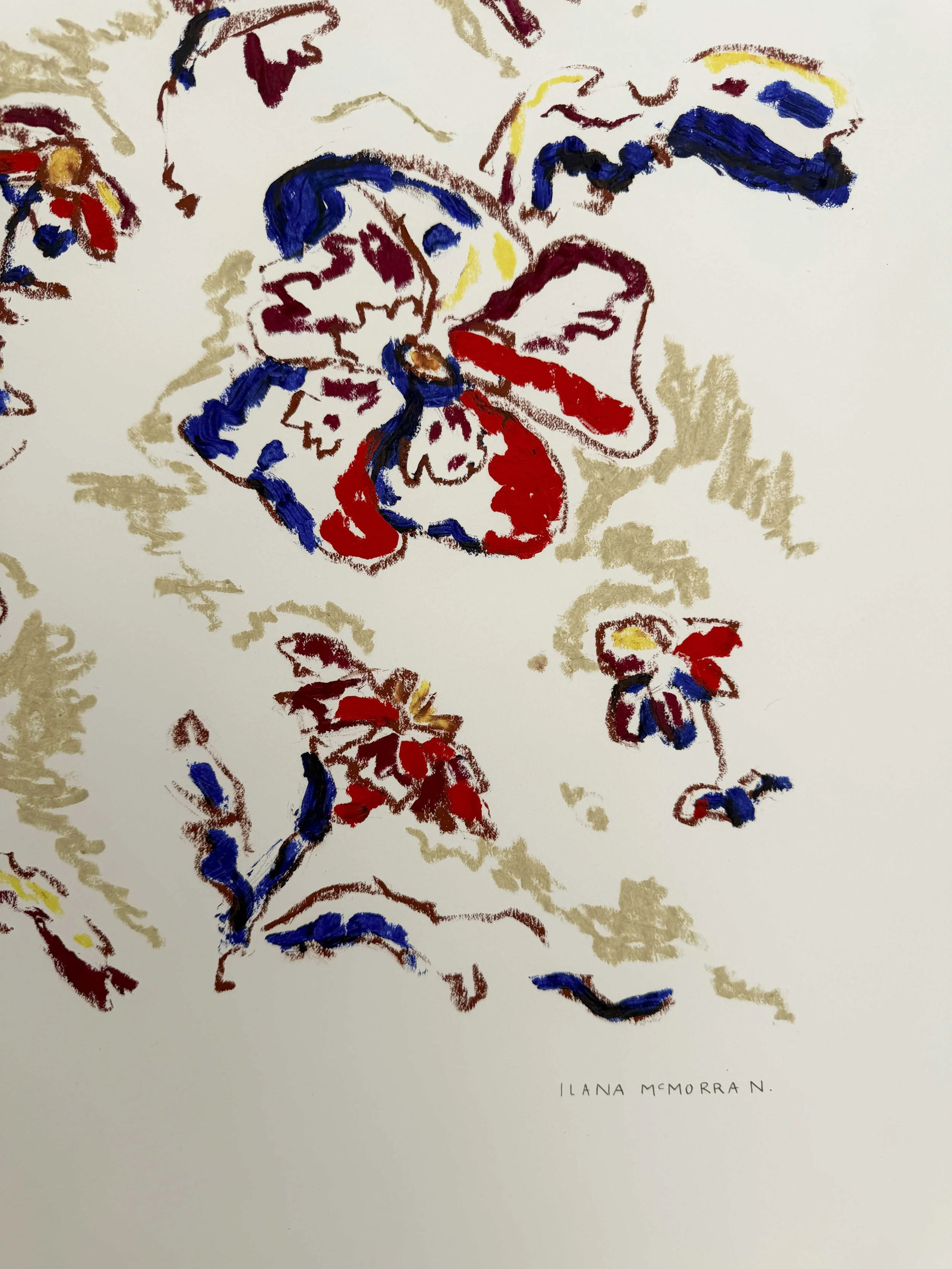 Abstract floral artwork in red, navy and gold tones on a warm sand background, oil stick on paper, part of the In Bloom collection