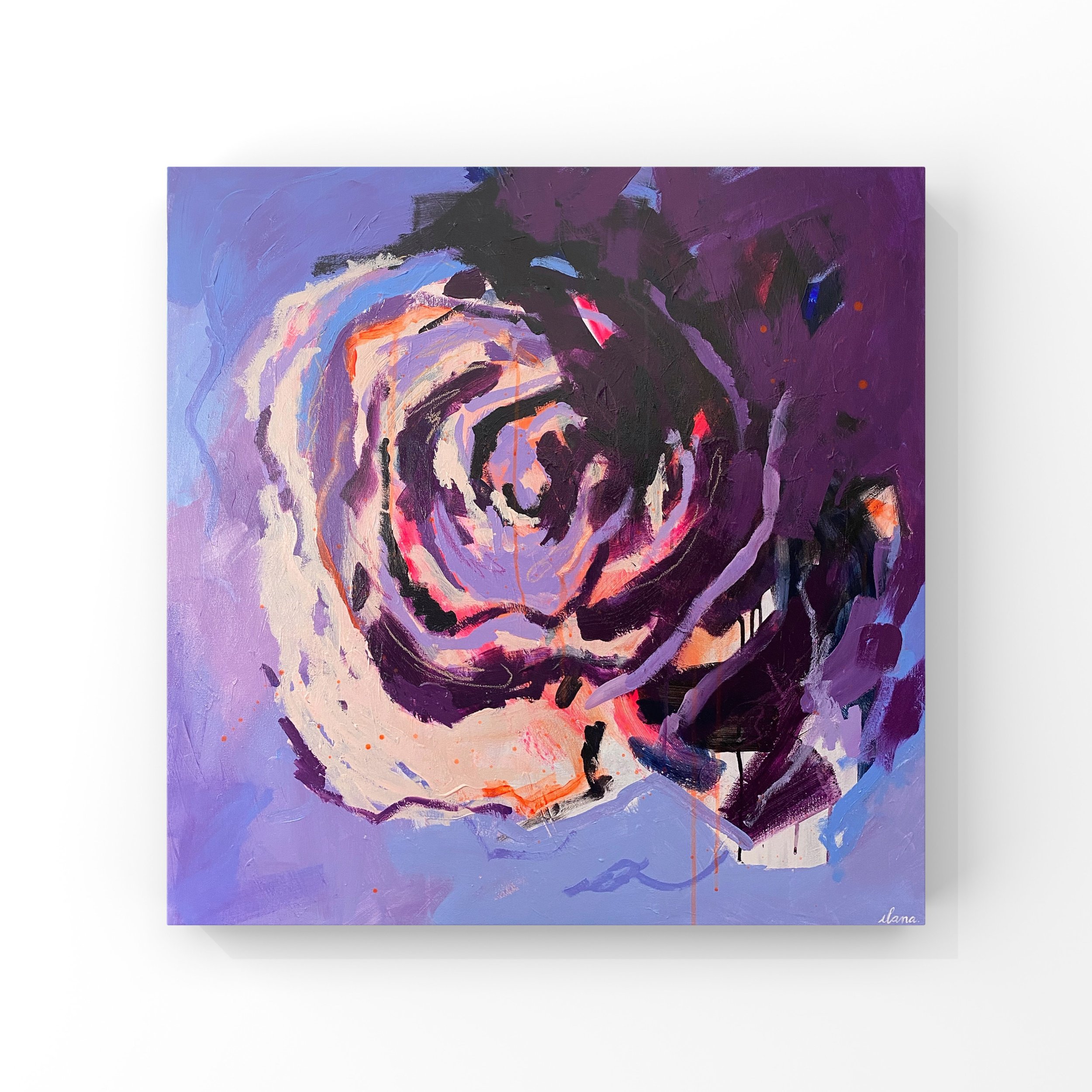 Abstract painting resembling a swirling rose in deep purple, blush pink and cornflower blue, gloss varnish finish