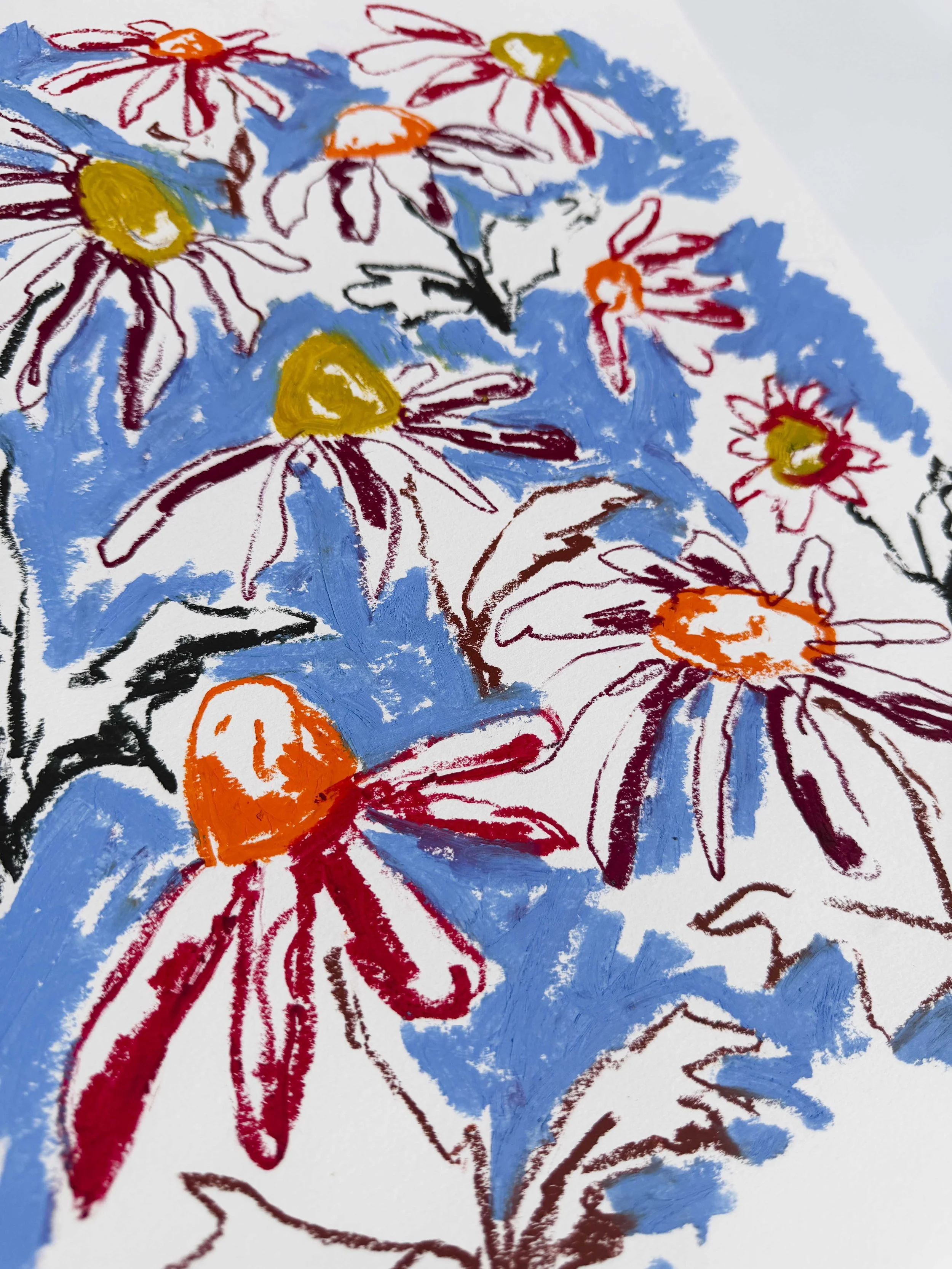 Colourful abstract floral artwork in rmagenta, gold and orange on blue background, oil stick on paper, part of the In Bloom collection