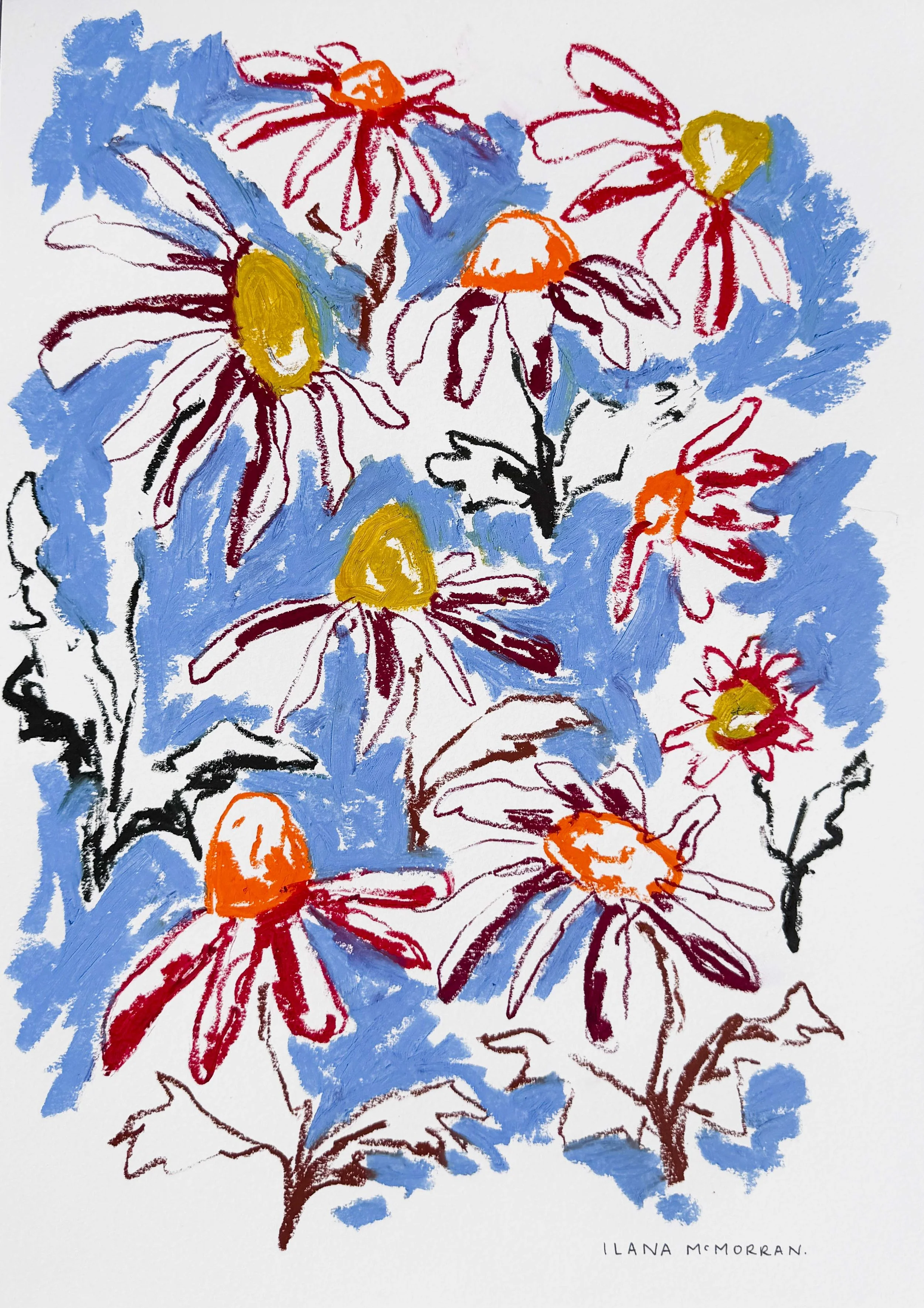 Colourful abstract floral artwork in rmagenta, gold and orange on blue background, oil stick on paper, part of the In Bloom collection