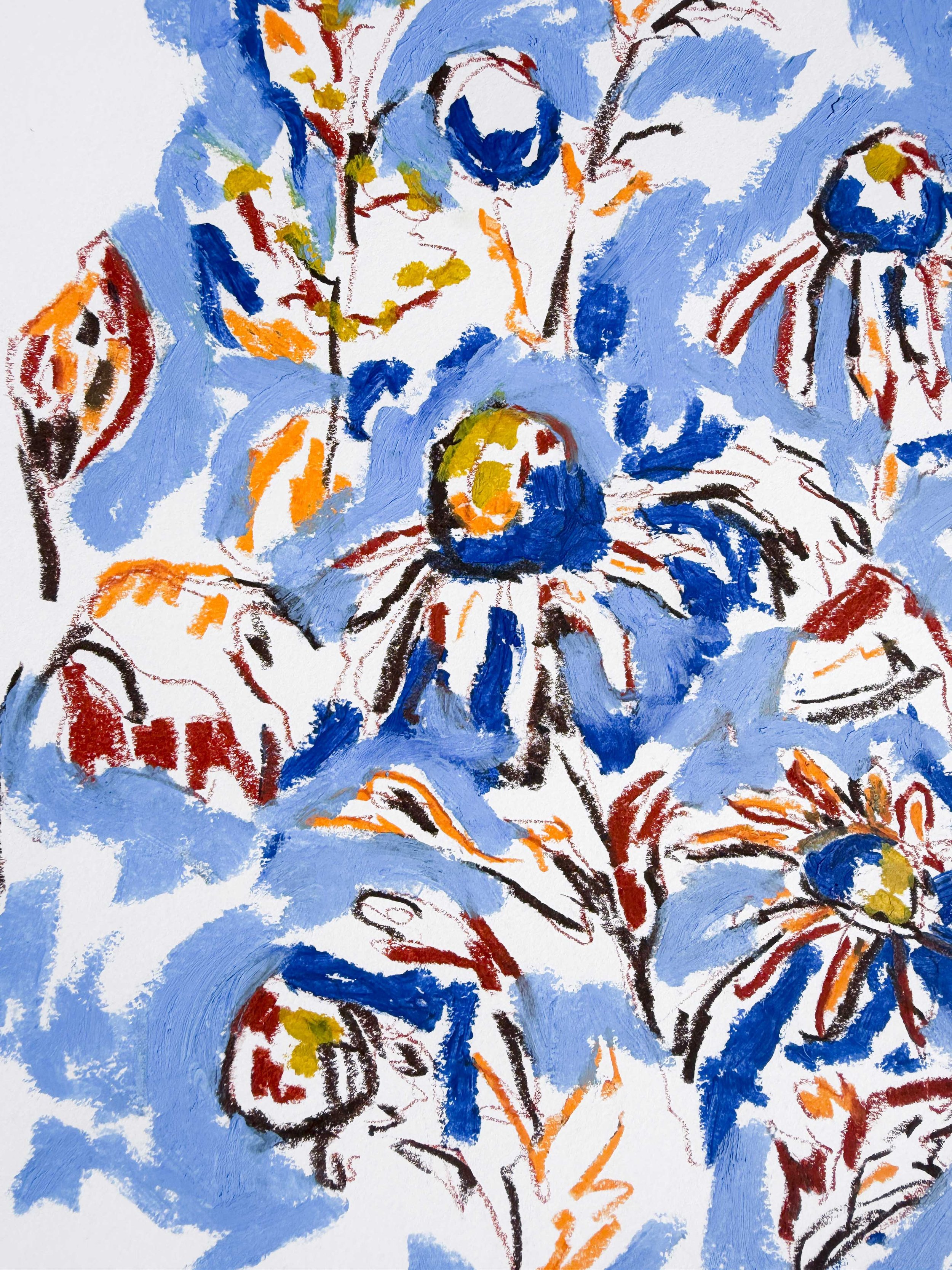 Dense abstract floral artwork in blue, red and gold tones, oil stick on paper, part of the In Bloom collection