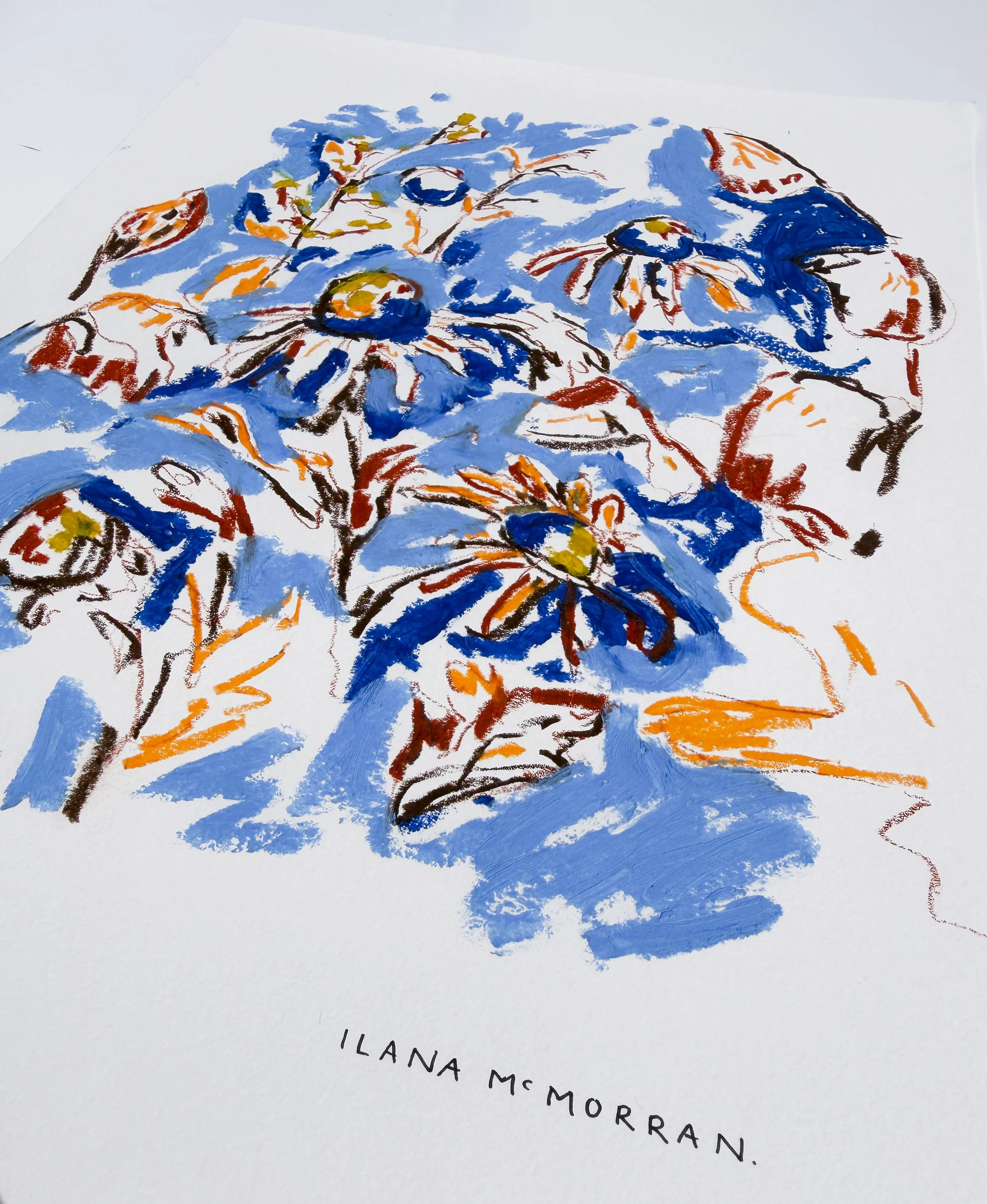 Dense abstract floral artwork in blue, red and gold tones, oil stick on paper, part of the In Bloom collection
