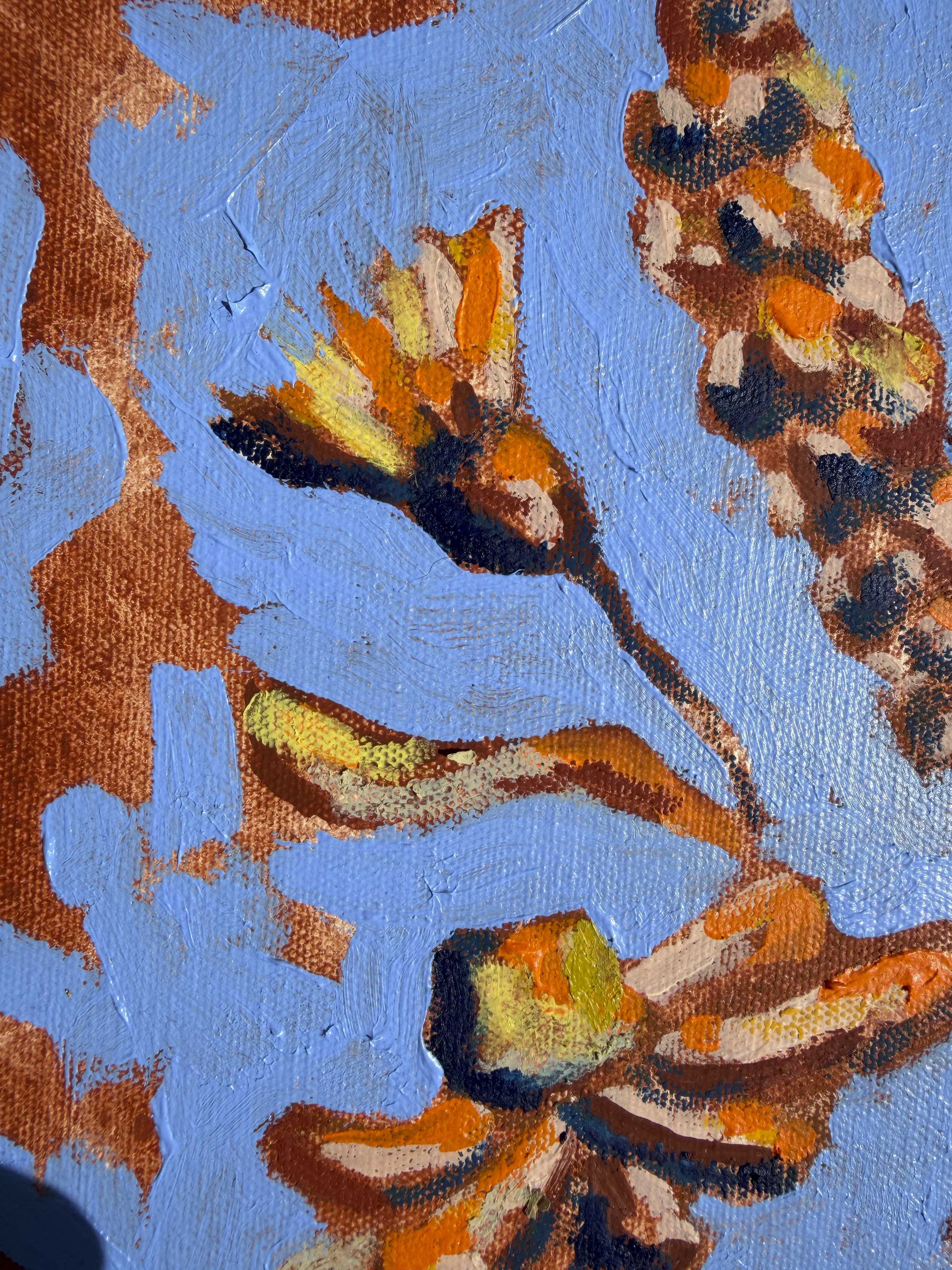 “Spring Morning” — a 30x30cm floral abstract painting in blue and rust, from the “In Bloom” collection. Australian abstract art.