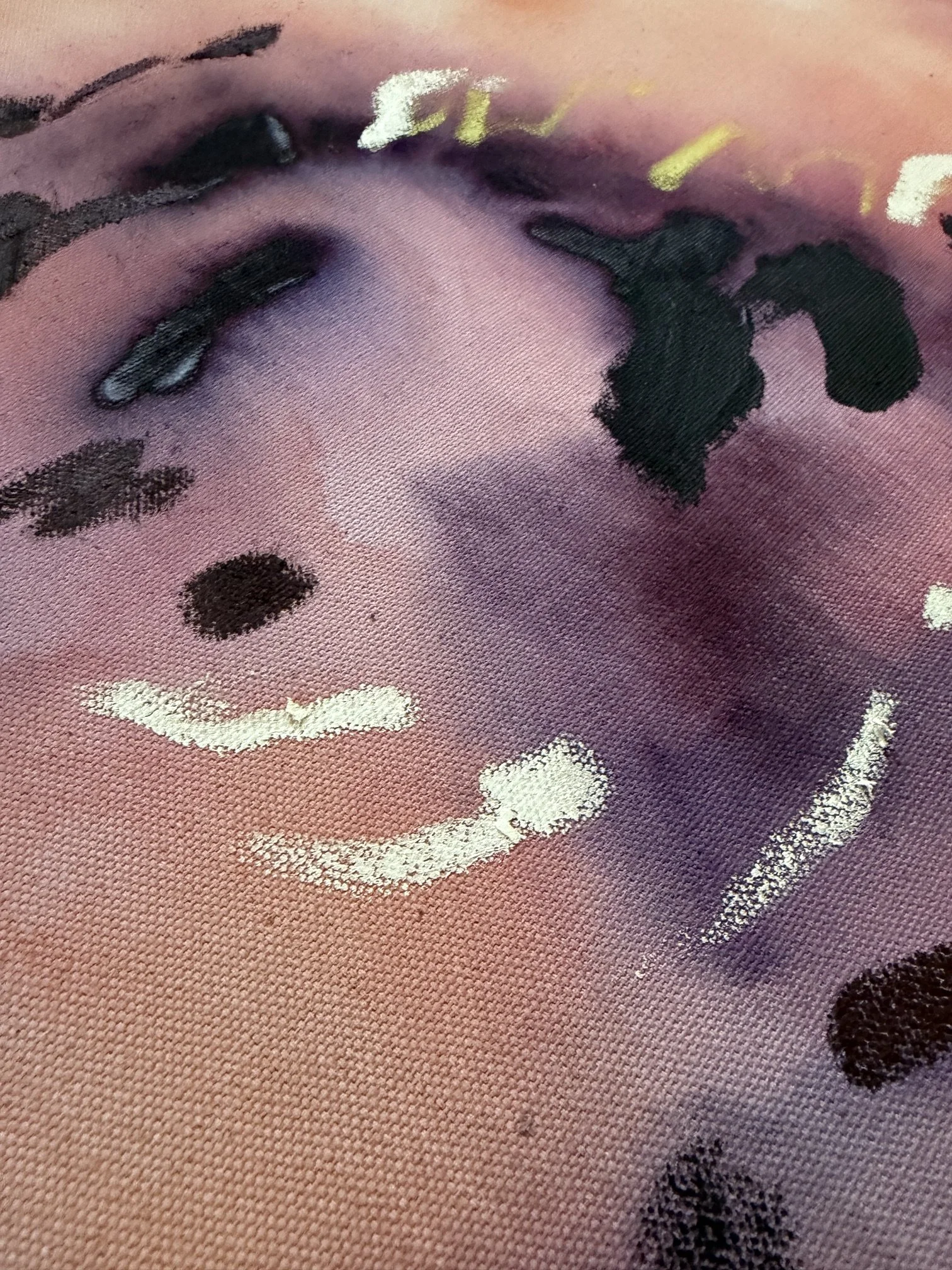 Abstract painting in coral, blush and deep purple tones with white and yellow accents on raw cotton duck canvas