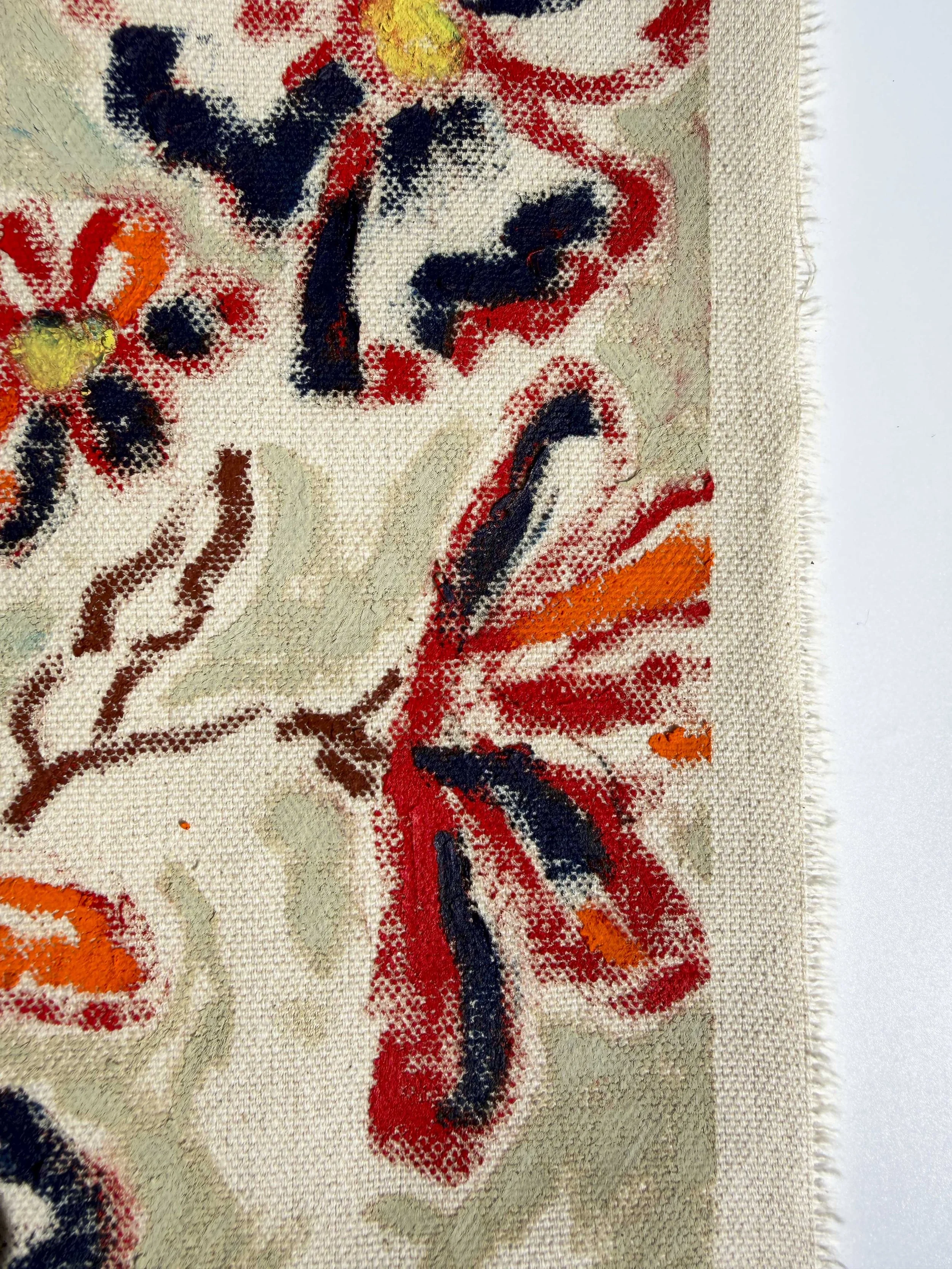 Abstract floral painting in red, orange and olive tones on raw unframed canvas, part of the In Bloom collection