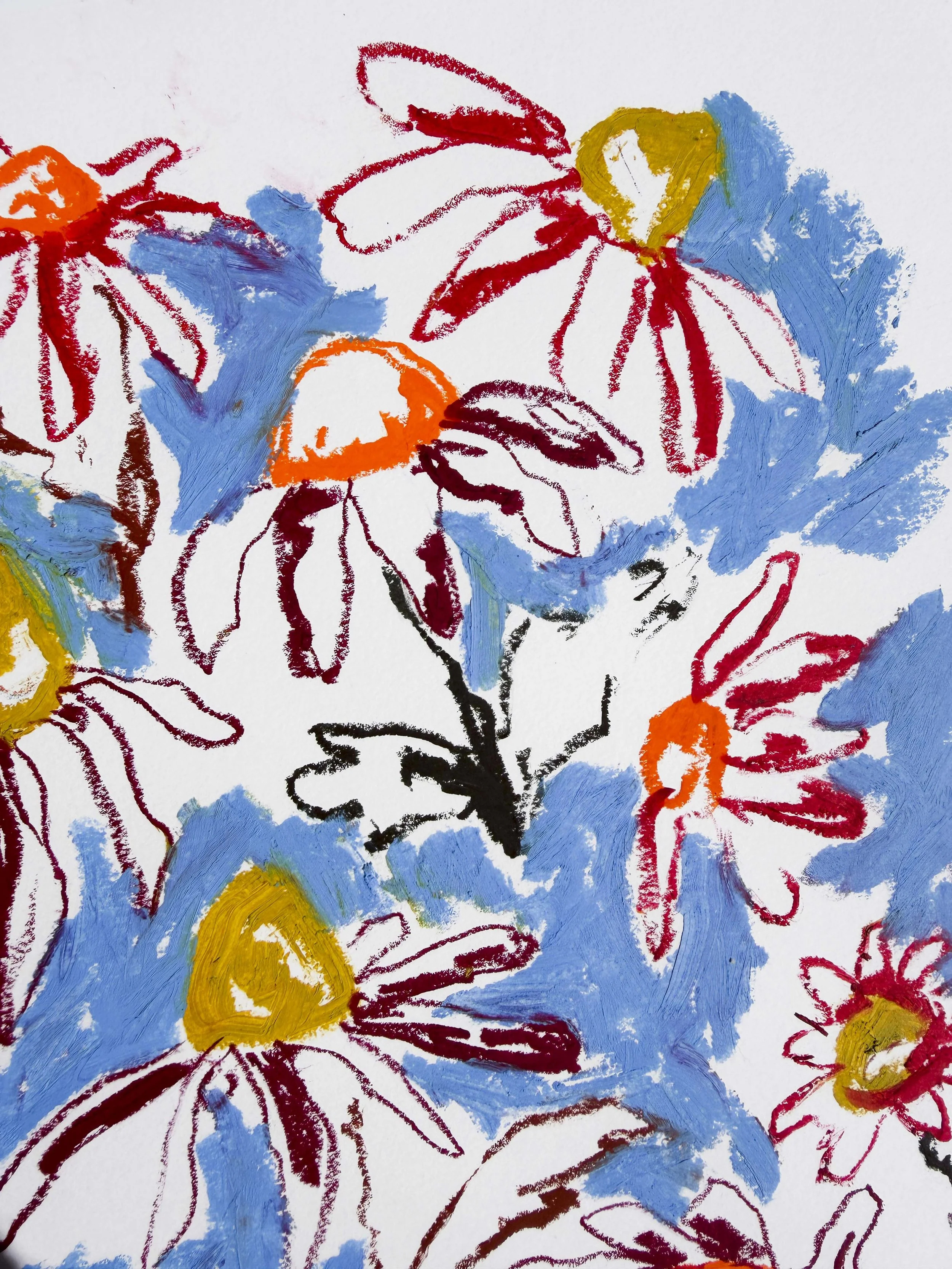 Colourful abstract floral artwork in rmagenta, gold and orange on blue background, oil stick on paper, part of the In Bloom collection