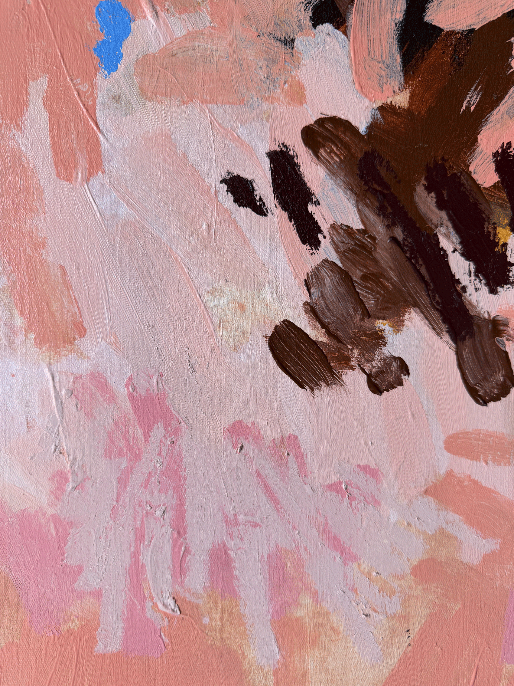 Abstract painting in ochre, chocolate brown and blush pink with small blue accents, dense layered texture