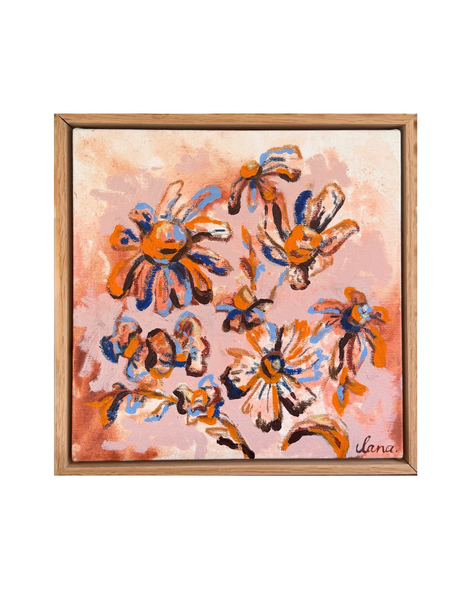 Abstract floral painting with loose orange, blue and rust-toned blooms on a blush pink background, natural oak frame