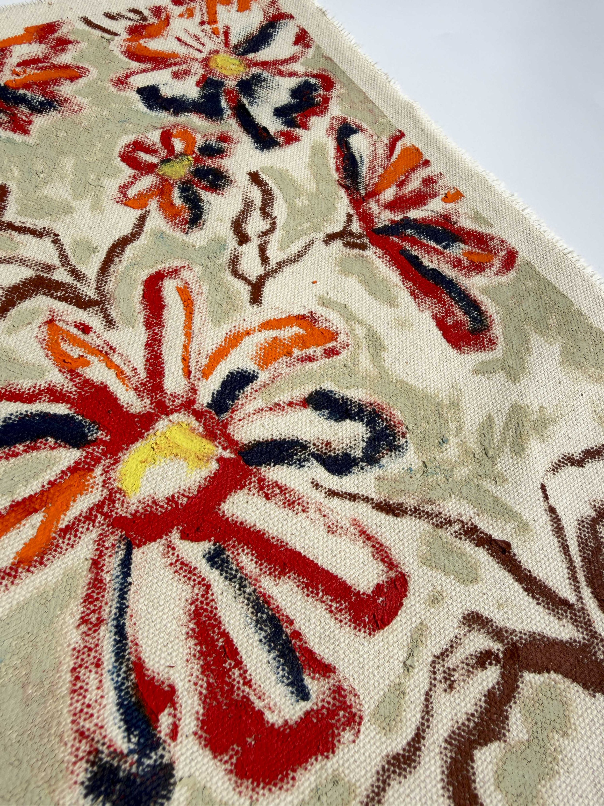 Abstract floral painting in red, orange and olive tones on raw unframed canvas, part of the In Bloom collection