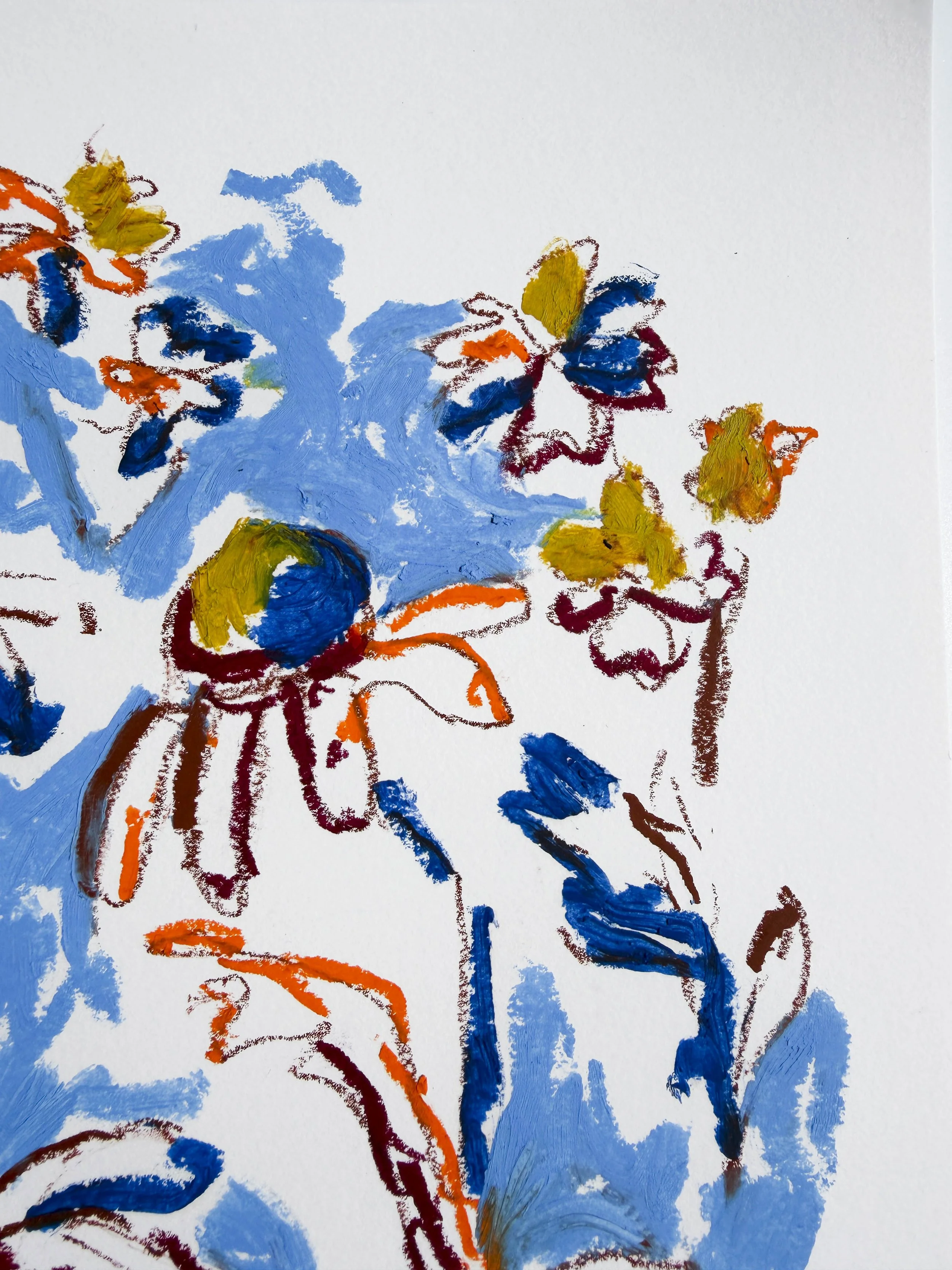 Abstract floral artwork in navy, burgundy, orange and gold on blue background, oil stick on paper, part of the In Bloom collection