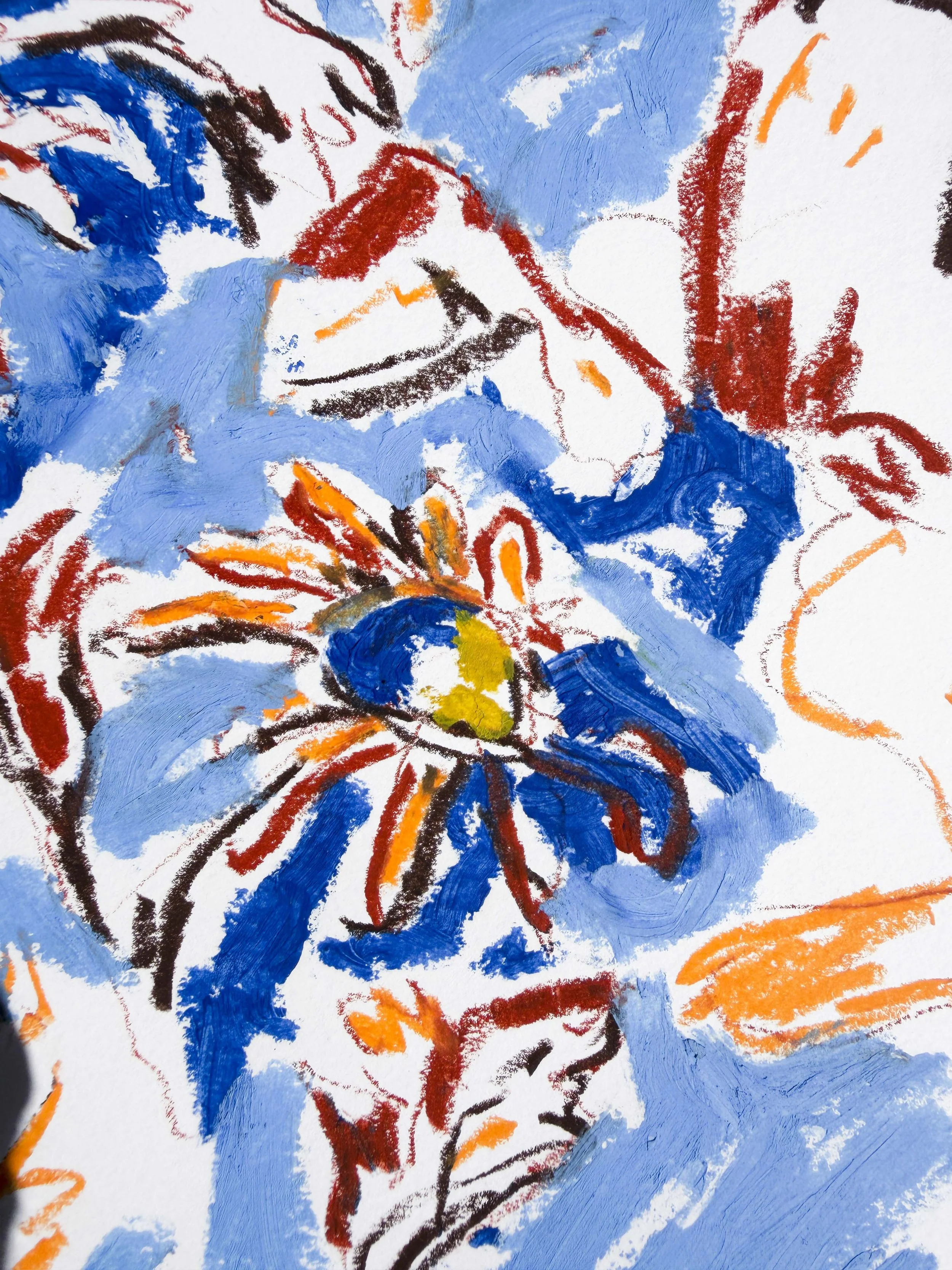 Dense abstract floral artwork in blue, red and gold tones, oil stick on paper, part of the In Bloom collection