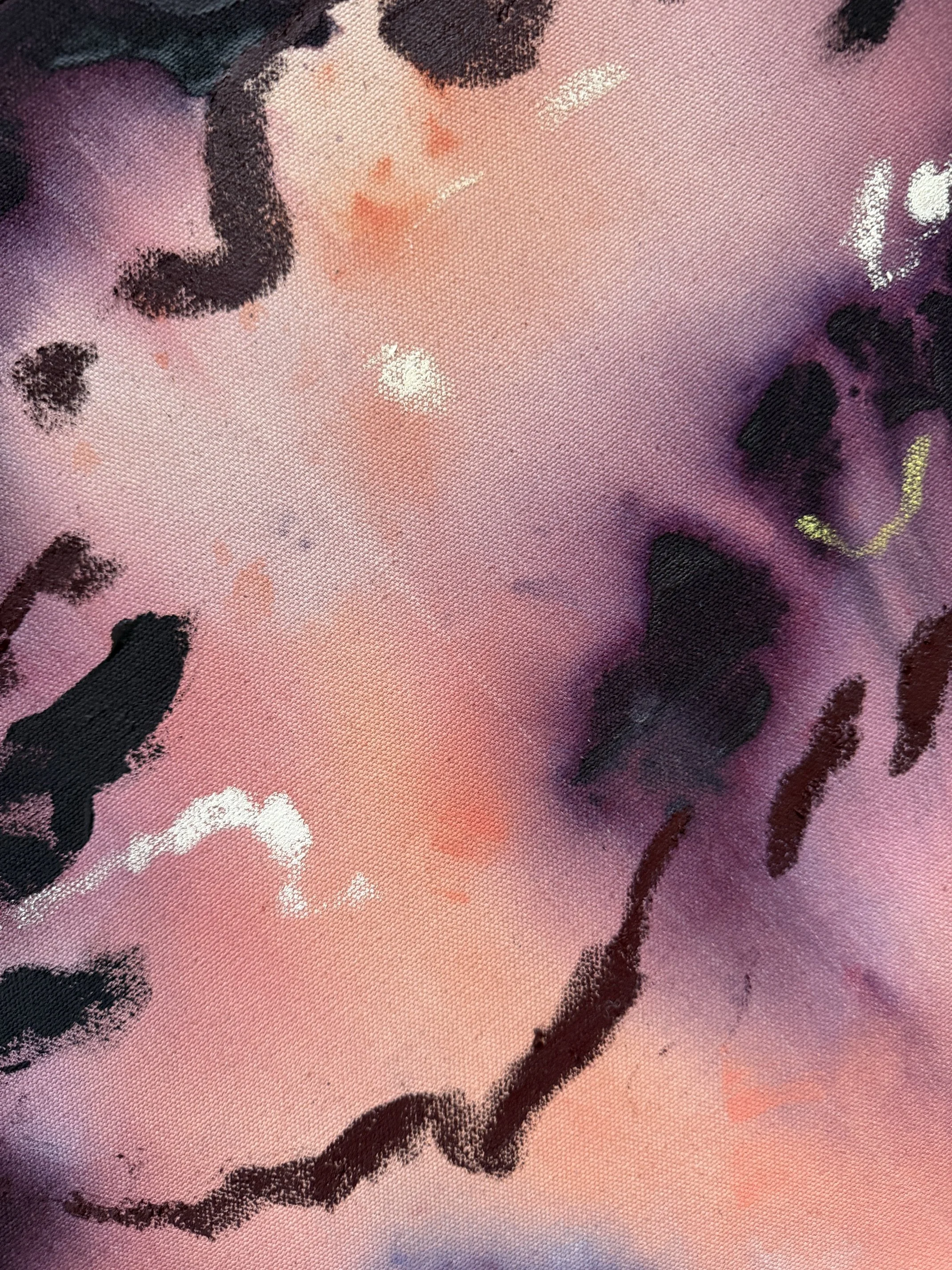 Abstract painting in coral, blush and deep purple tones with white and yellow accents on raw cotton duck canvas