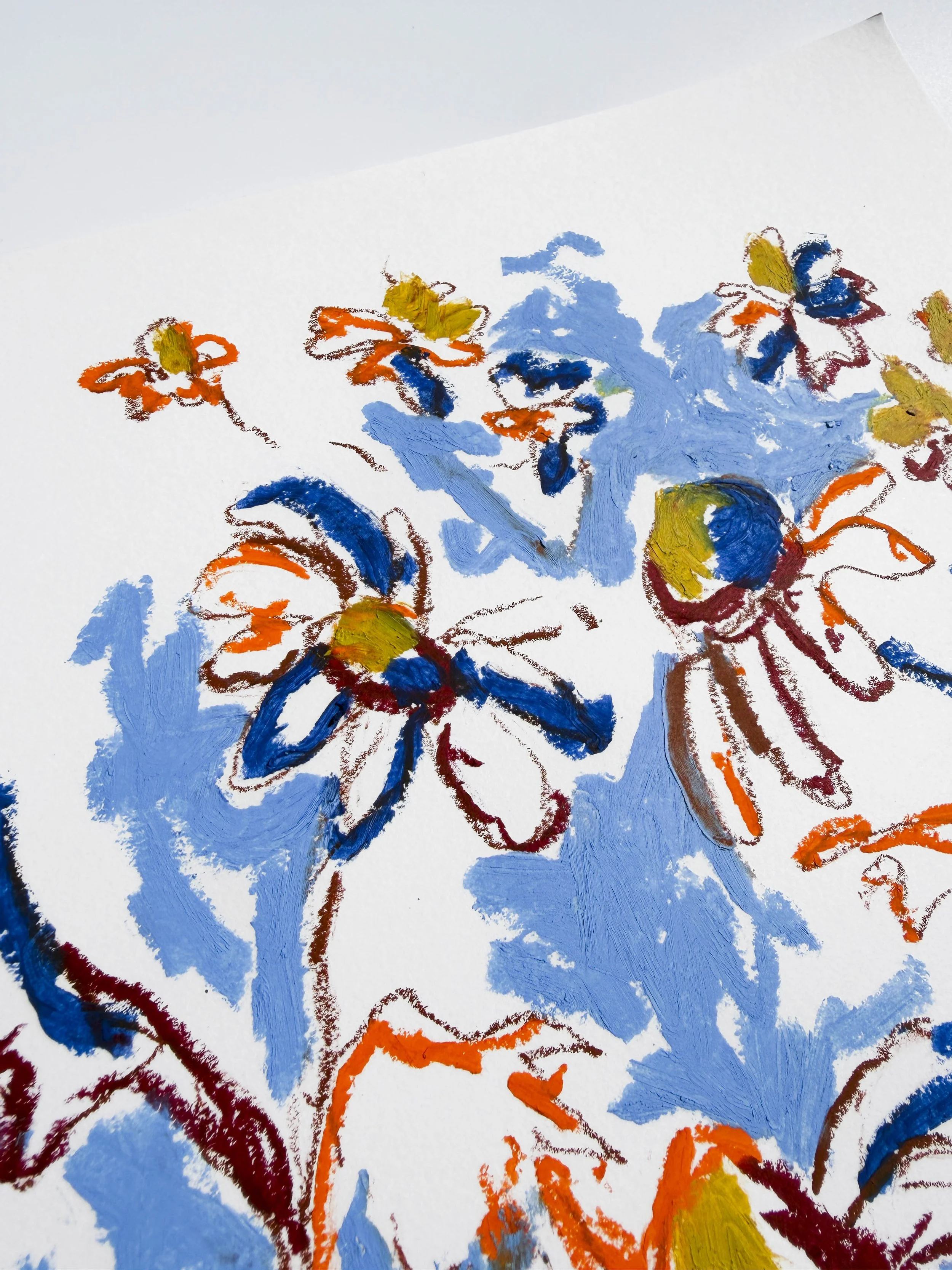 Abstract floral artwork in navy, burgundy, orange and gold on blue background, oil stick on paper, part of the In Bloom collection