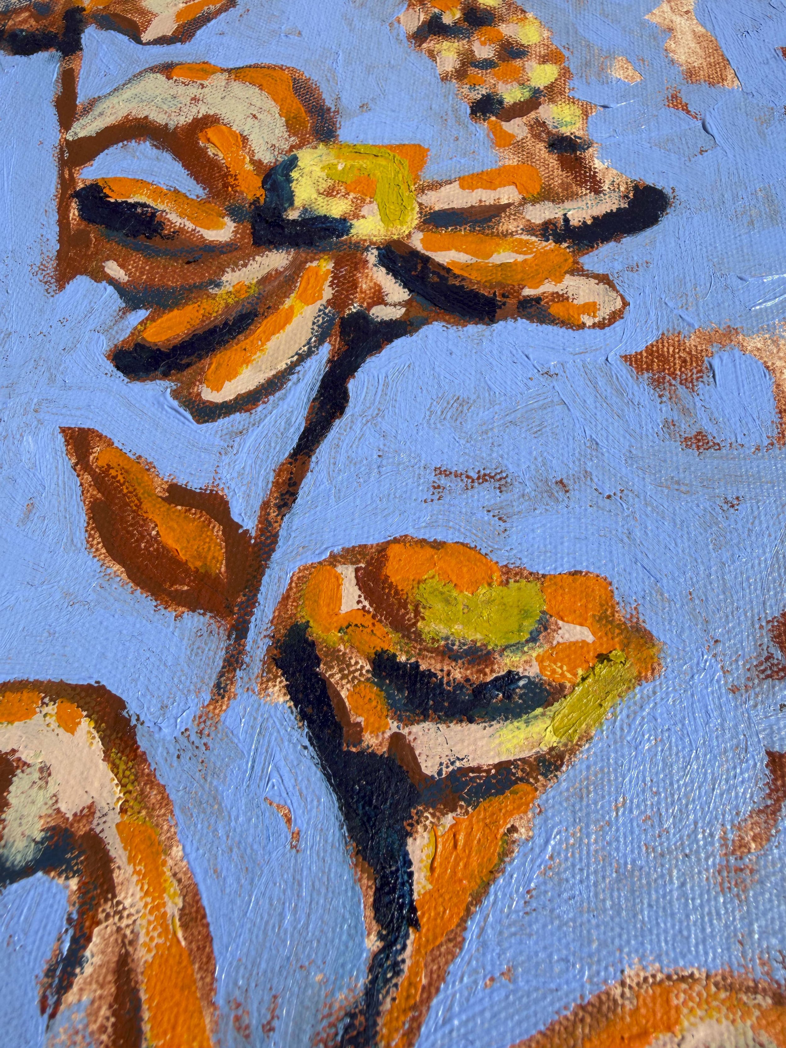 “Spring Morning” — a 30x30cm floral abstract painting in blue and rust, from the “In Bloom” collection. Australian abstract art.