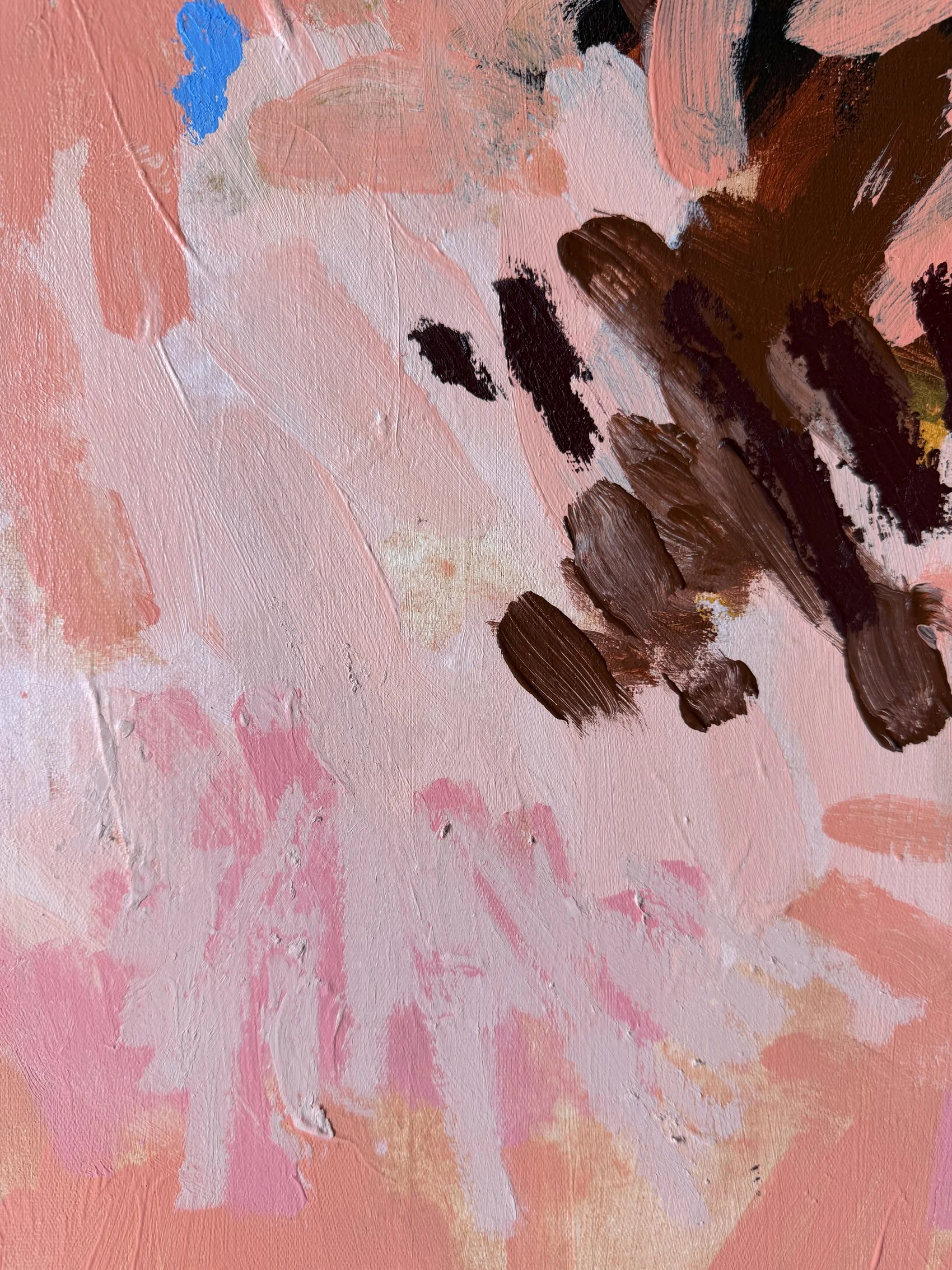 Small abstract painting in olive, blush pink and dark sienna with blue accents, companion piece to Undergrowth