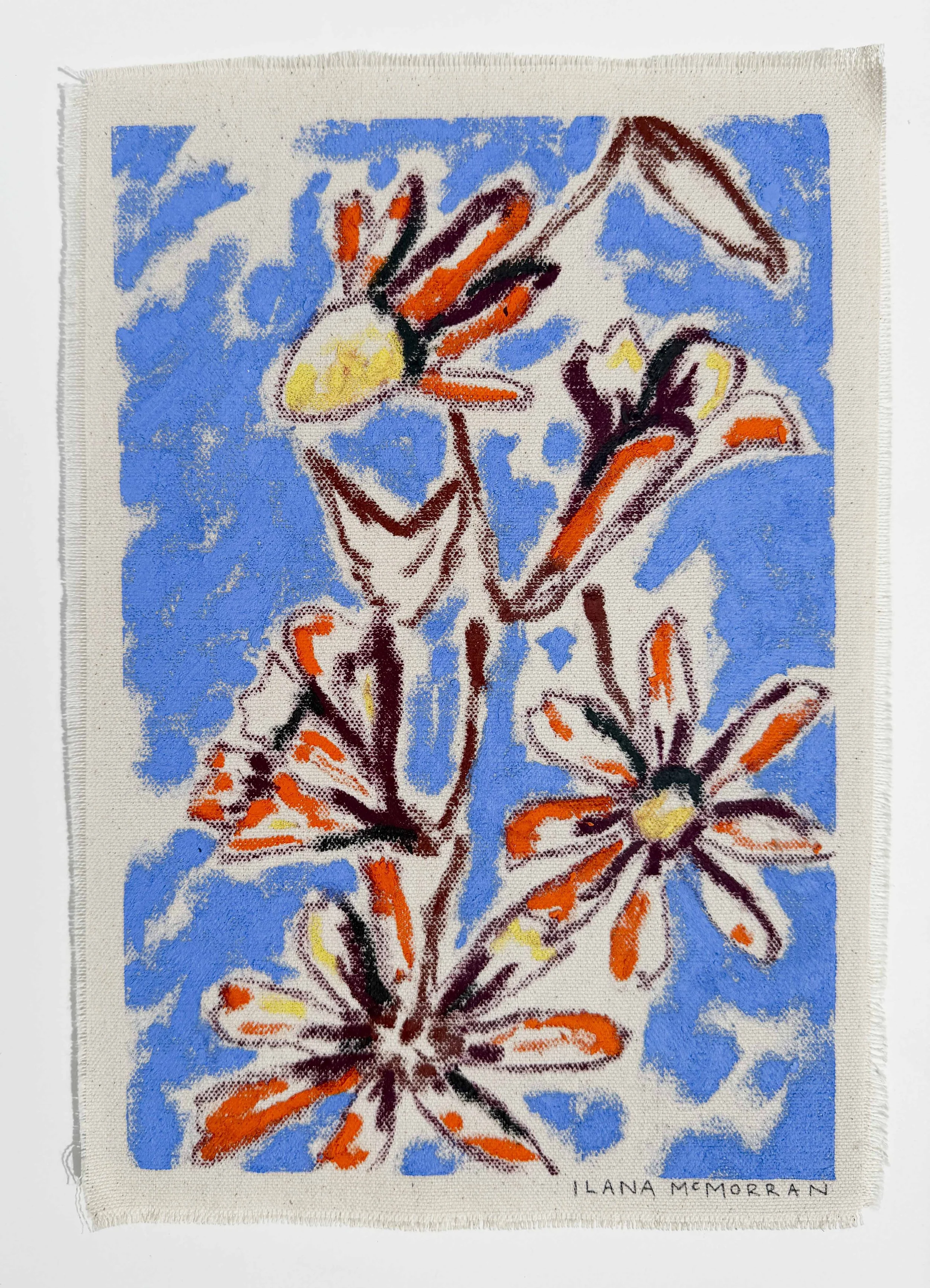 Abstract floral painting in cornflower blue and burgundy tones on raw unframed canvas, part of the In Bloom collection