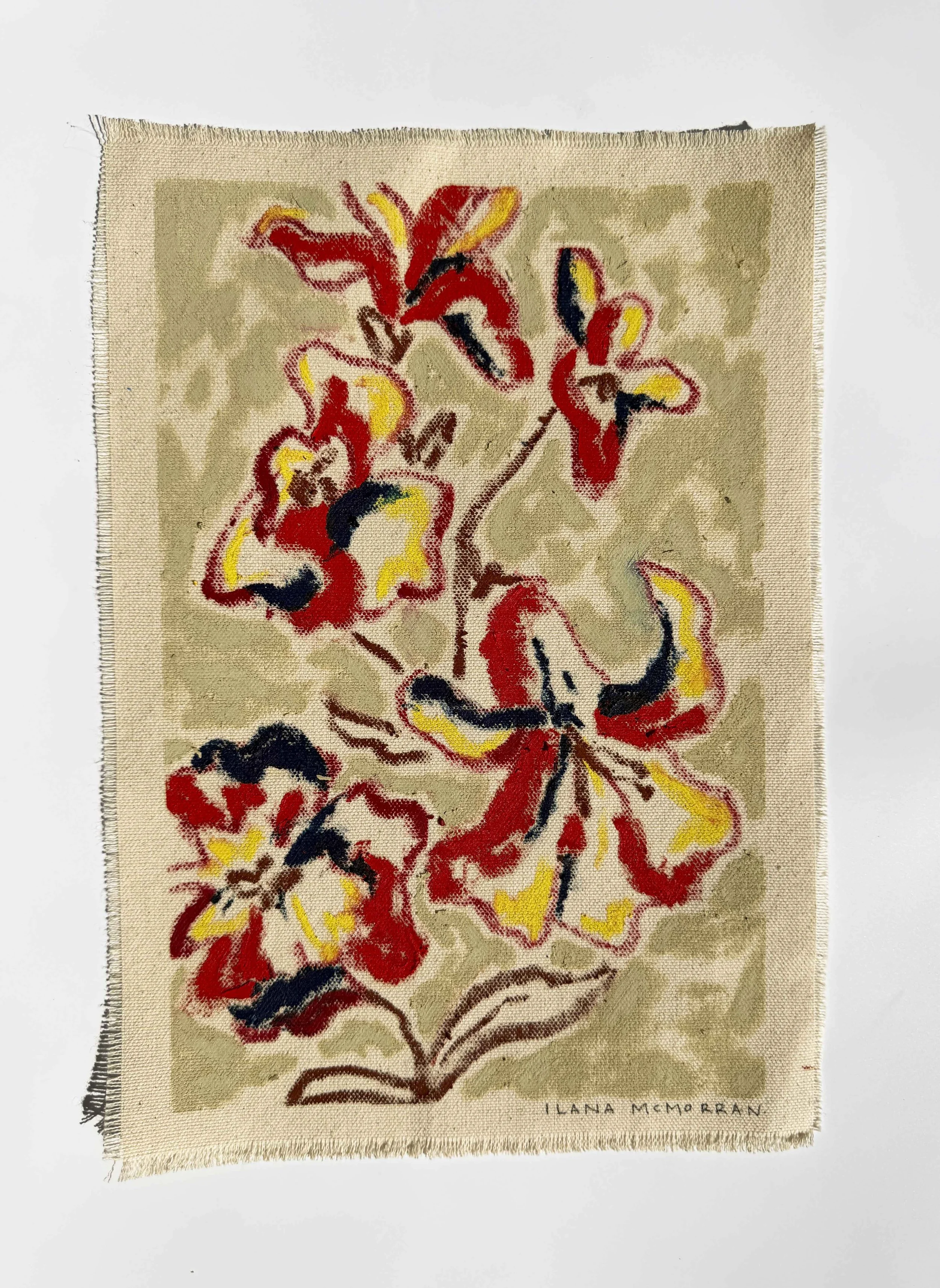 Abstract floral painting in olive green and red tones on raw unframed canvas, part of the In Bloom collection