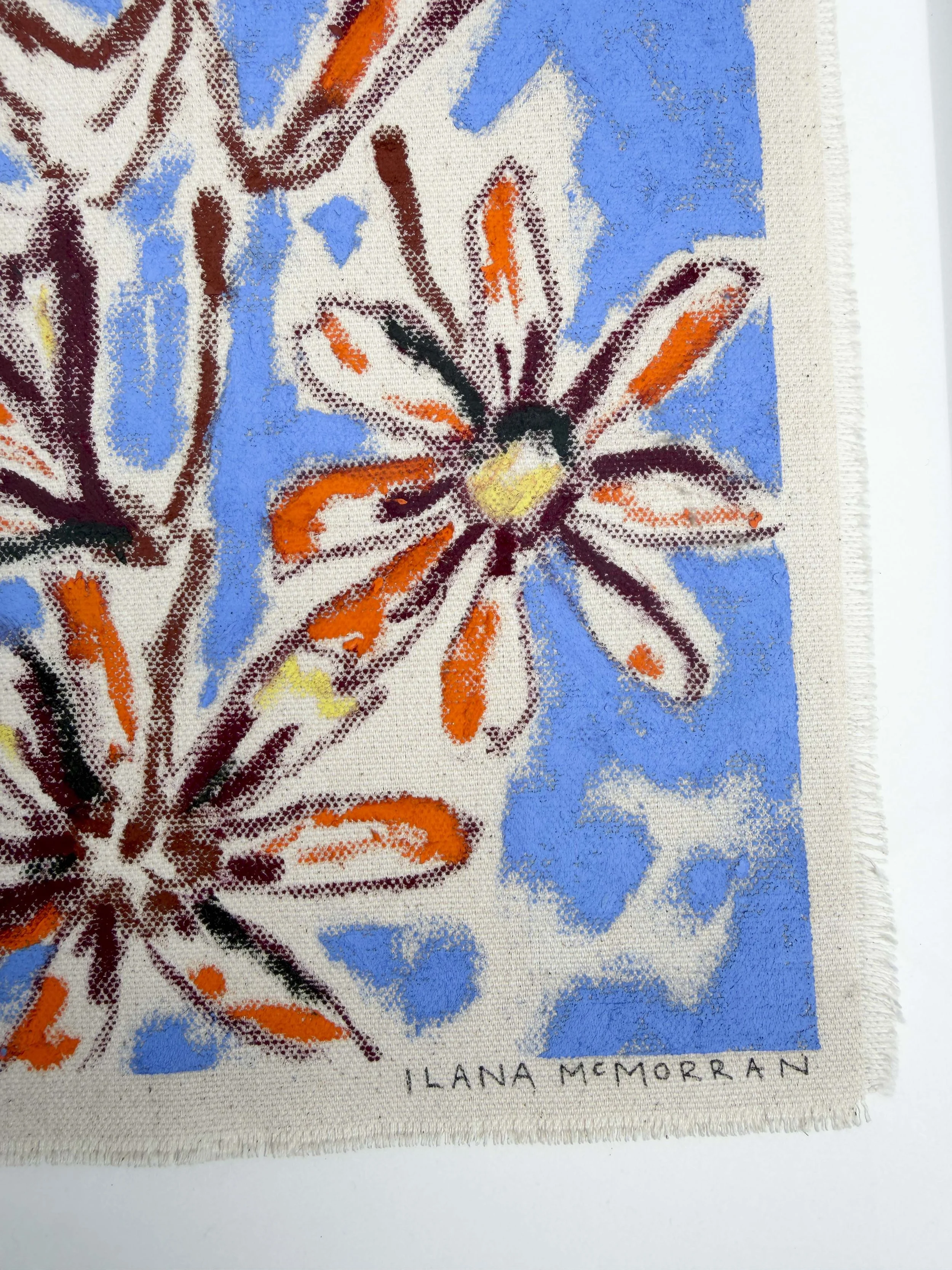 Abstract floral painting in cornflower blue and burgundy tones on raw unframed canvas, part of the In Bloom collection
