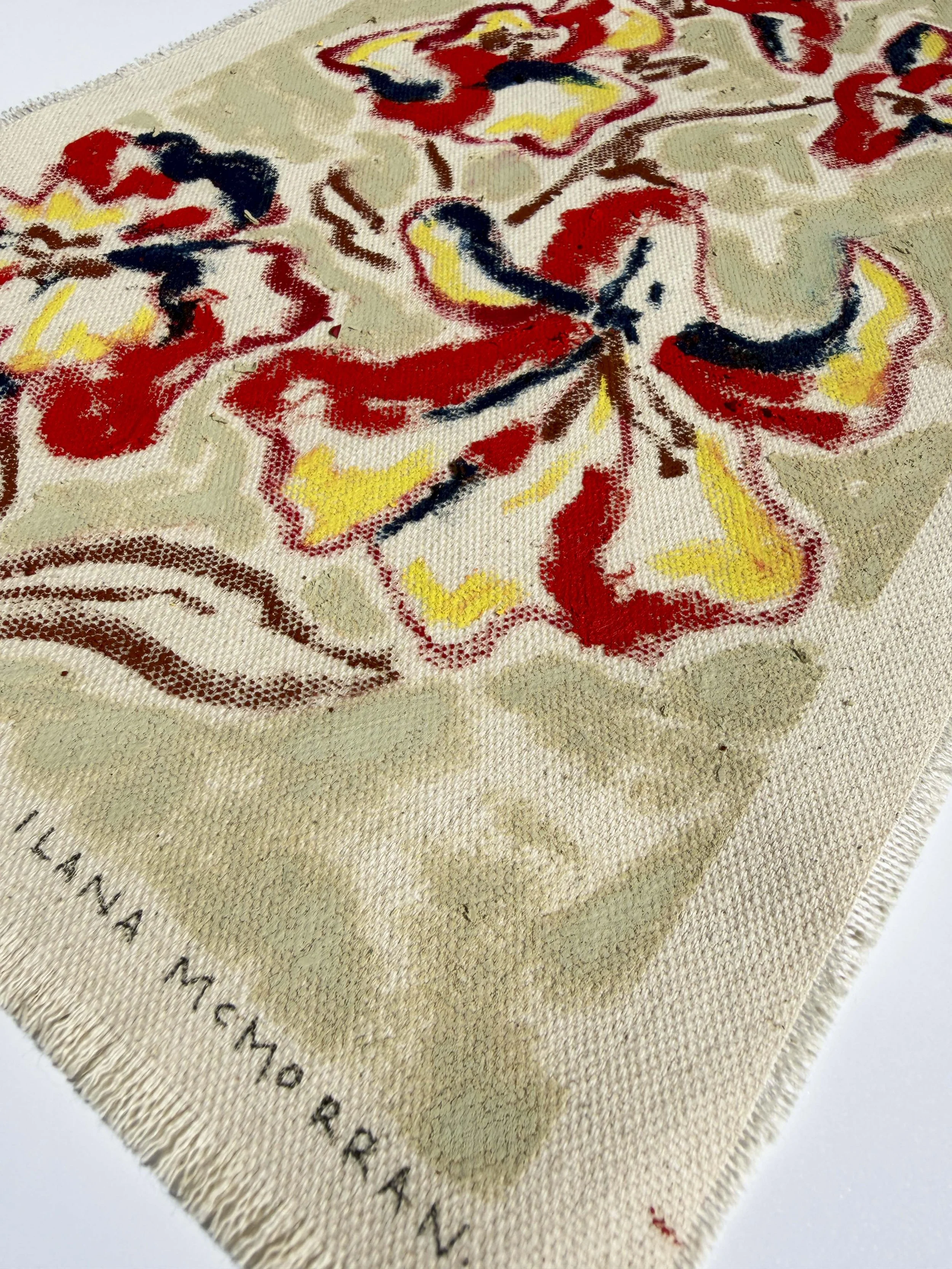 Abstract floral painting in olive green and red tones on raw unframed canvas, part of the In Bloom collection