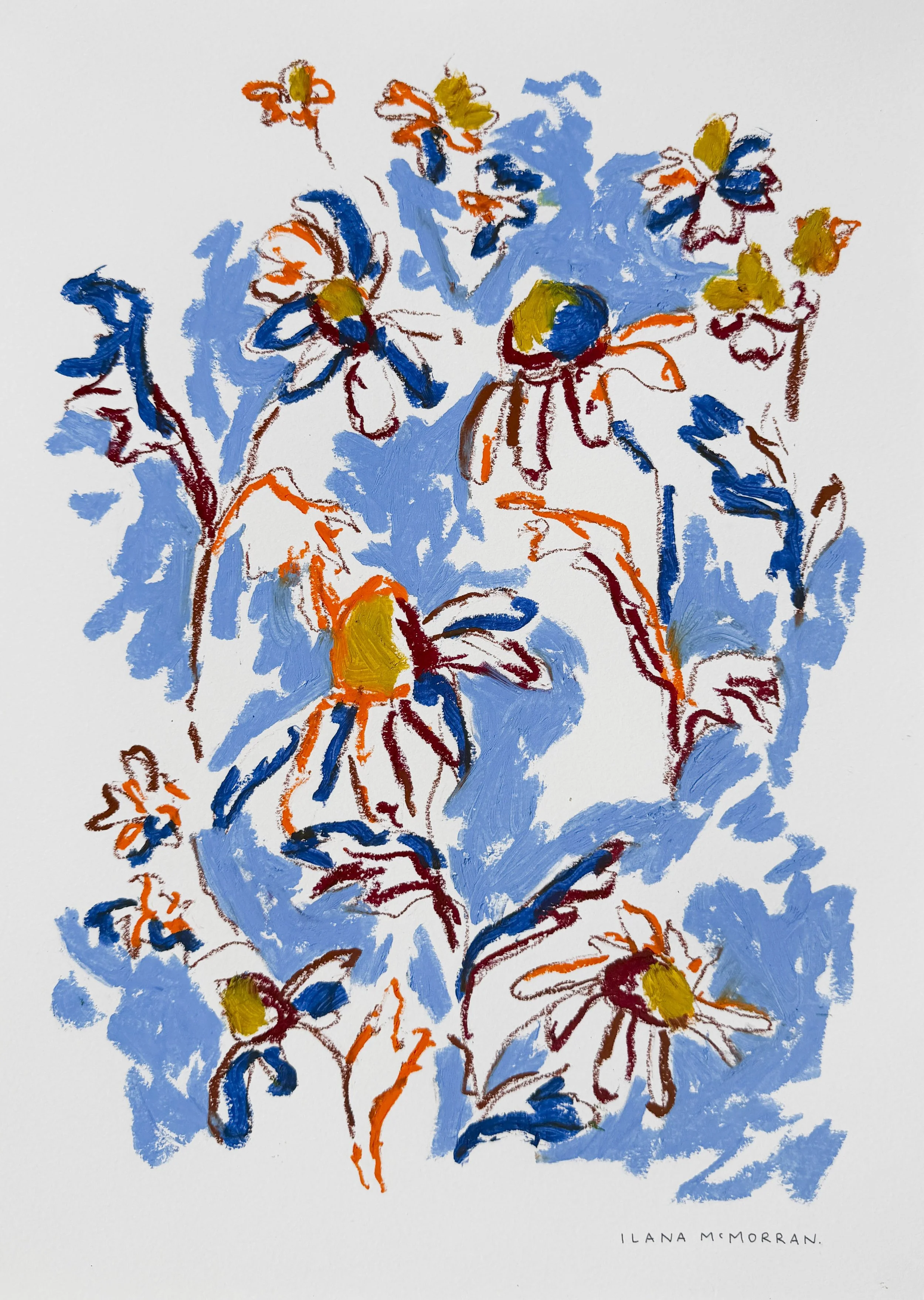 Abstract floral artwork in navy, burgundy, orange and gold on blue background, oil stick on paper, part of the In Bloom collection
