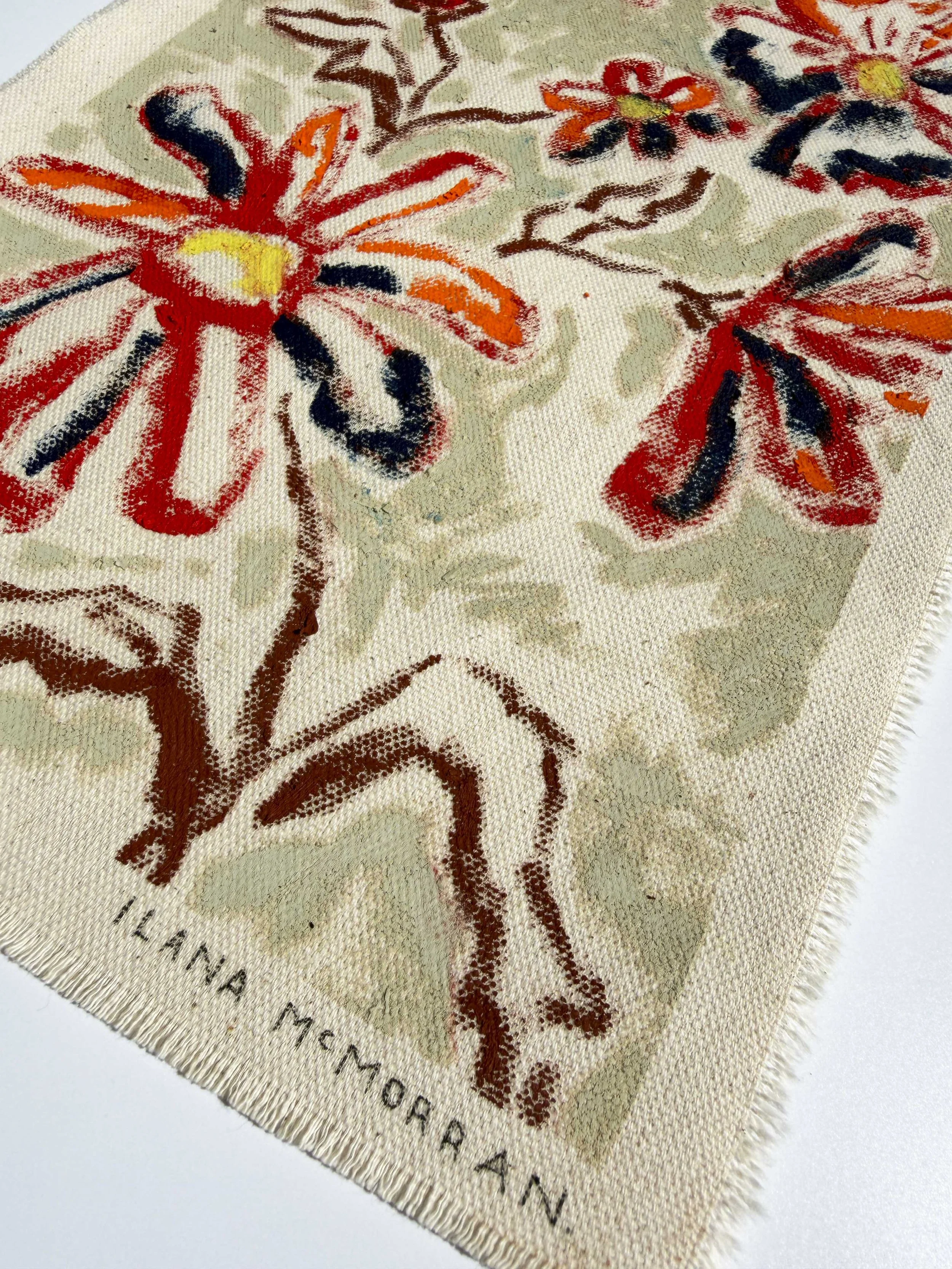 Abstract floral painting in red, orange and olive tones on raw unframed canvas, part of the In Bloom collection