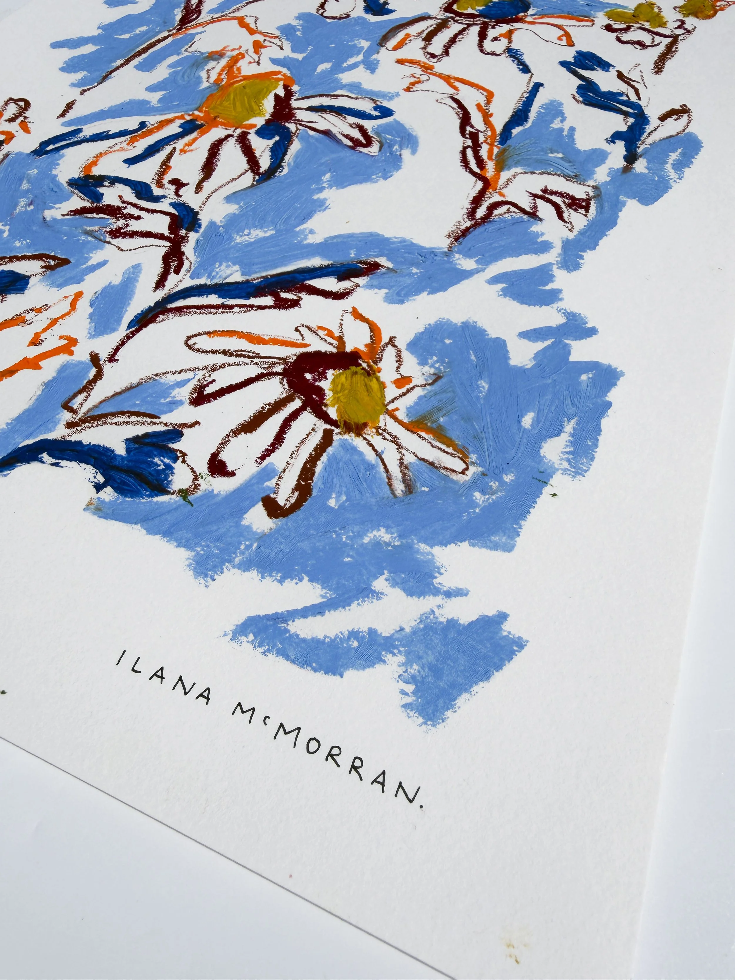 Abstract floral artwork in navy, burgundy, orange and gold on blue background, oil stick on paper, part of the In Bloom collection