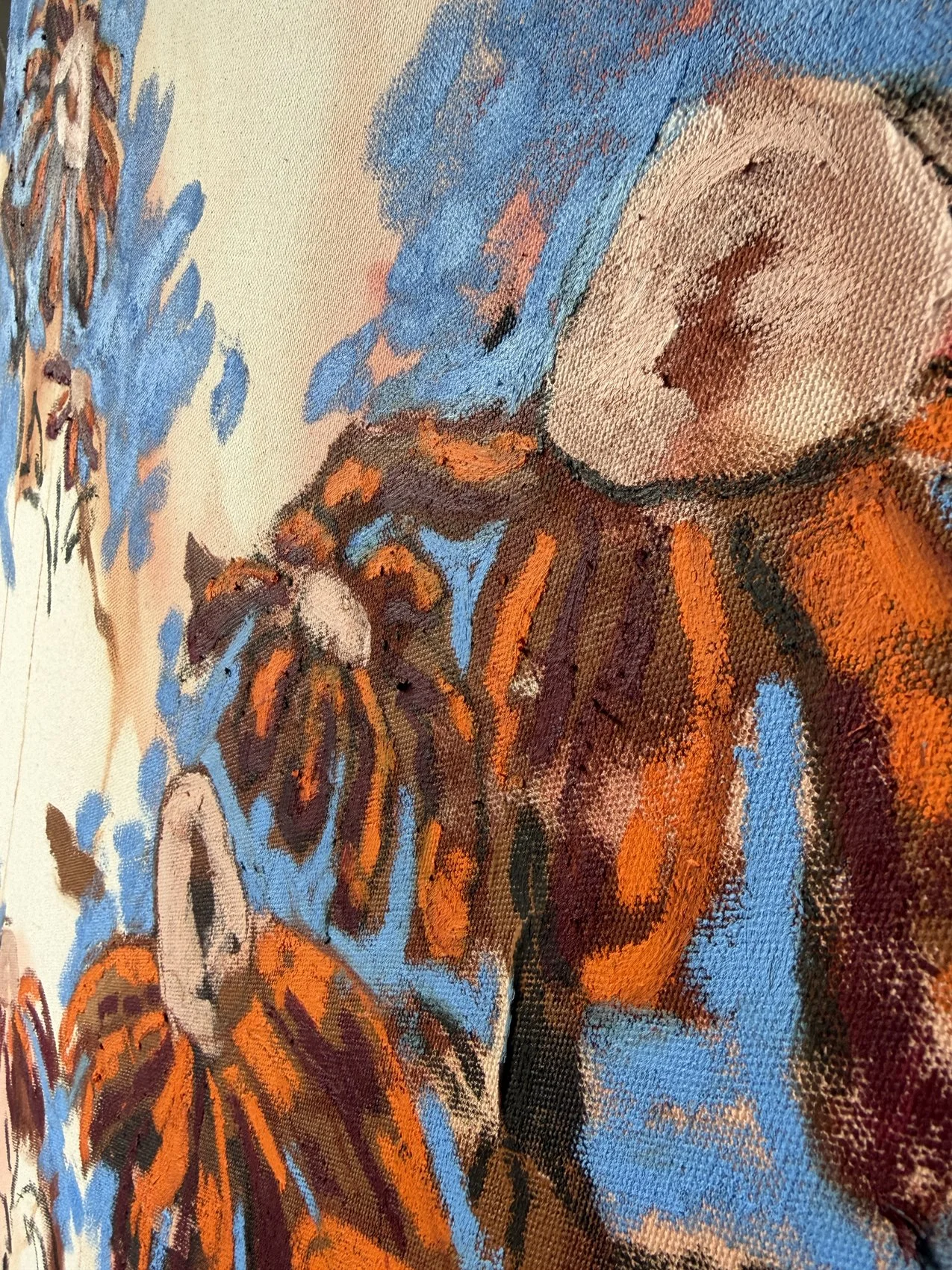 Abstract floral painting in burnt orange, burgundy and blue on raw cotton duck canvas, Australian abstract art