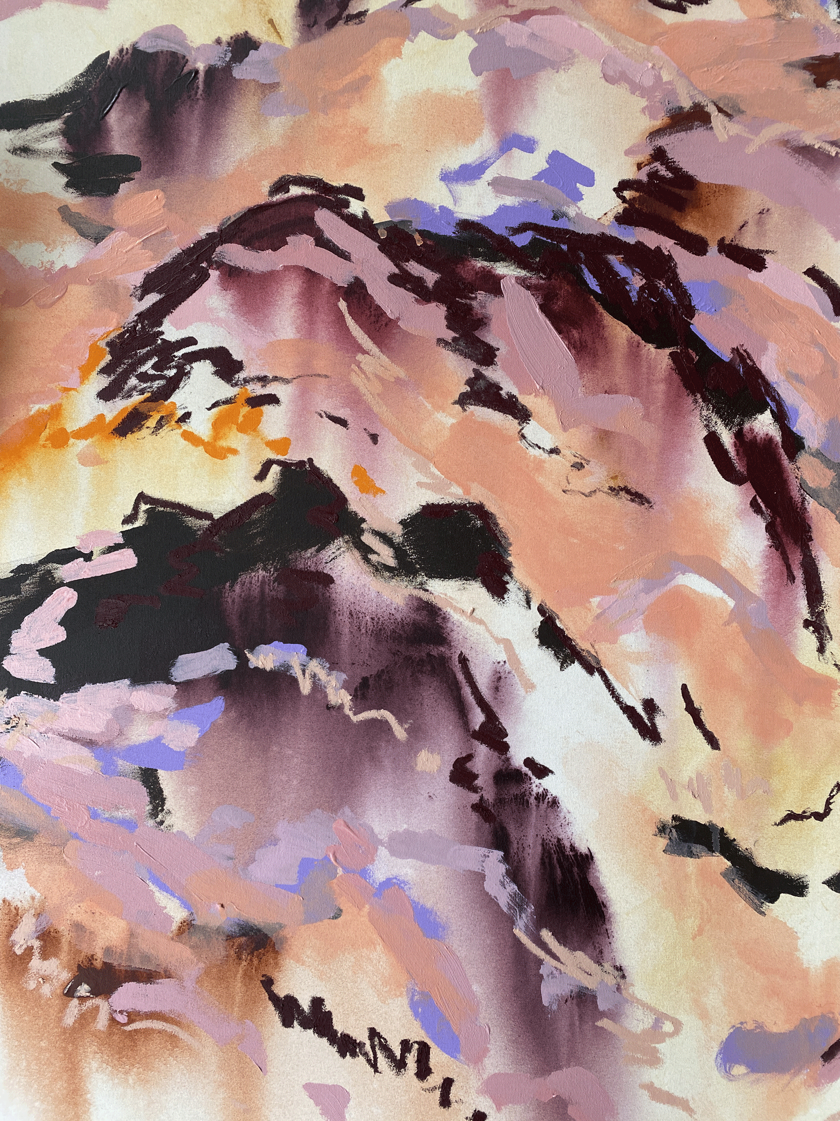 Abstract mountainscape painting in peach, mauve and lavender tones with layered ridges, Australian abstract art