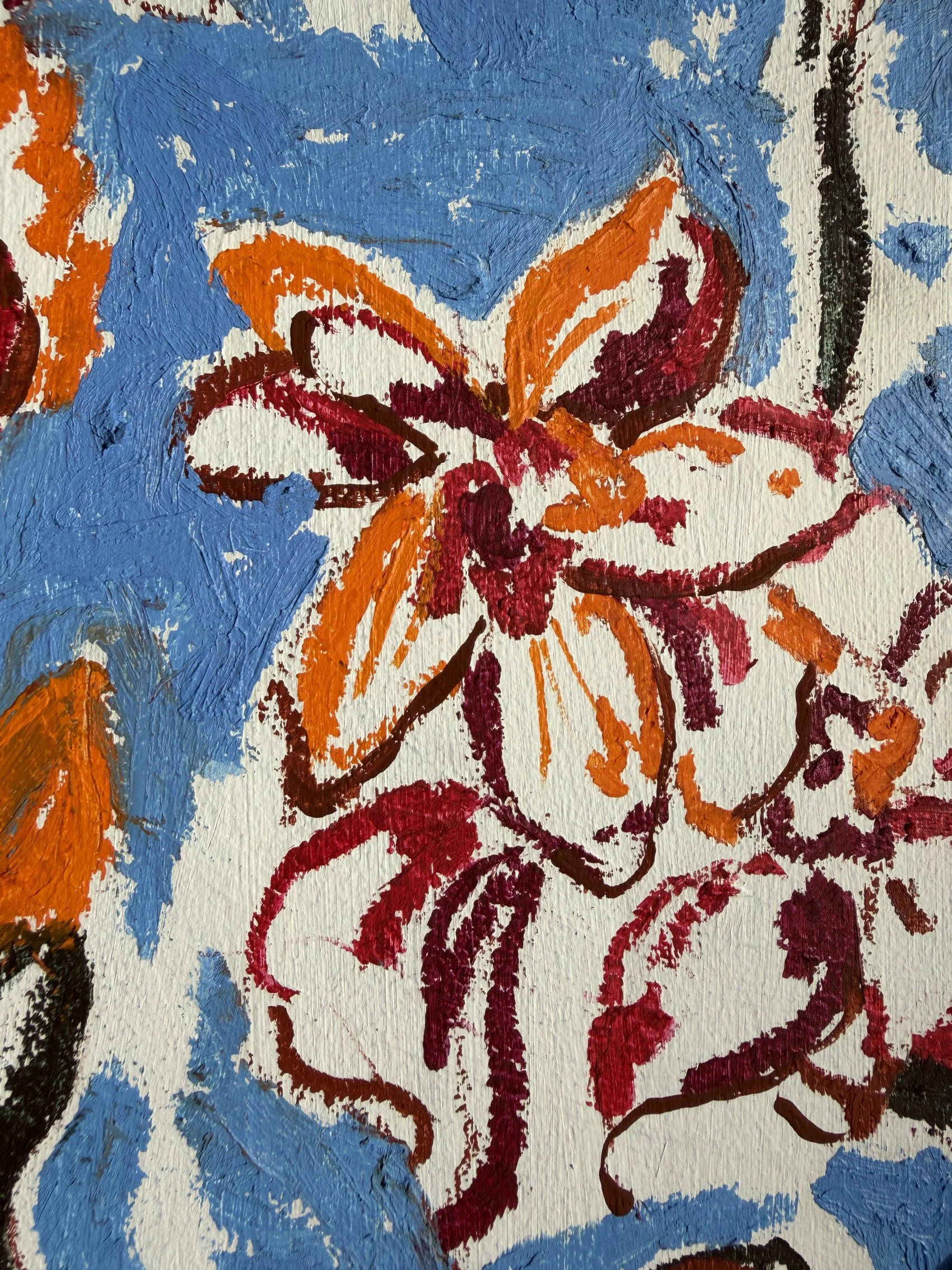 Oil stick painting of orange, burgundy and red wildflowers on a wooden skateboard deck, cornflower blue background