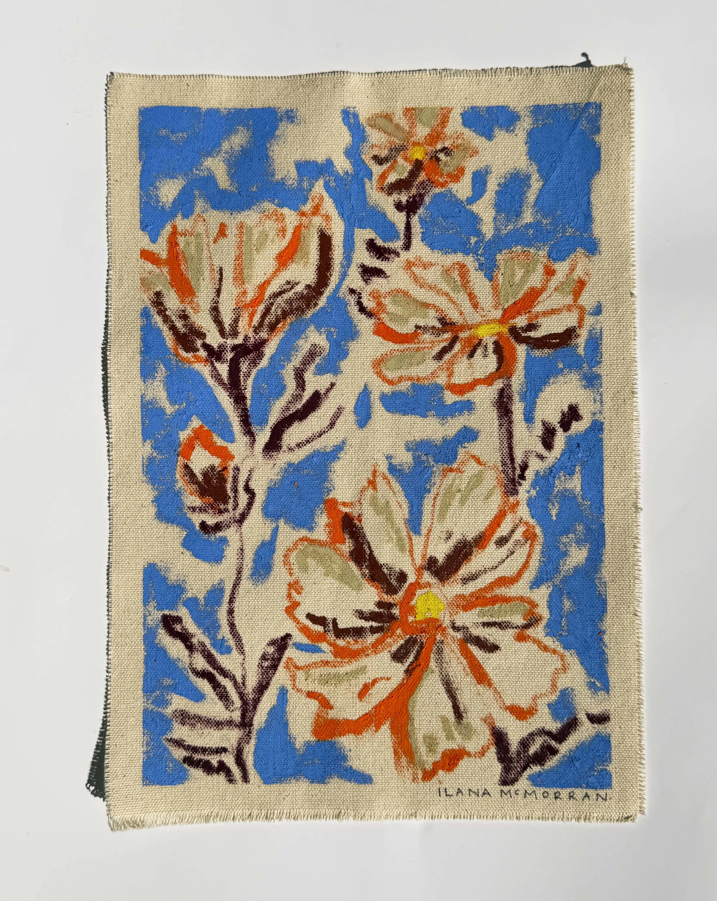 Abstract floral painting in cornflower blue and orange tones on raw unframed canvas, part of the In Bloom collection
