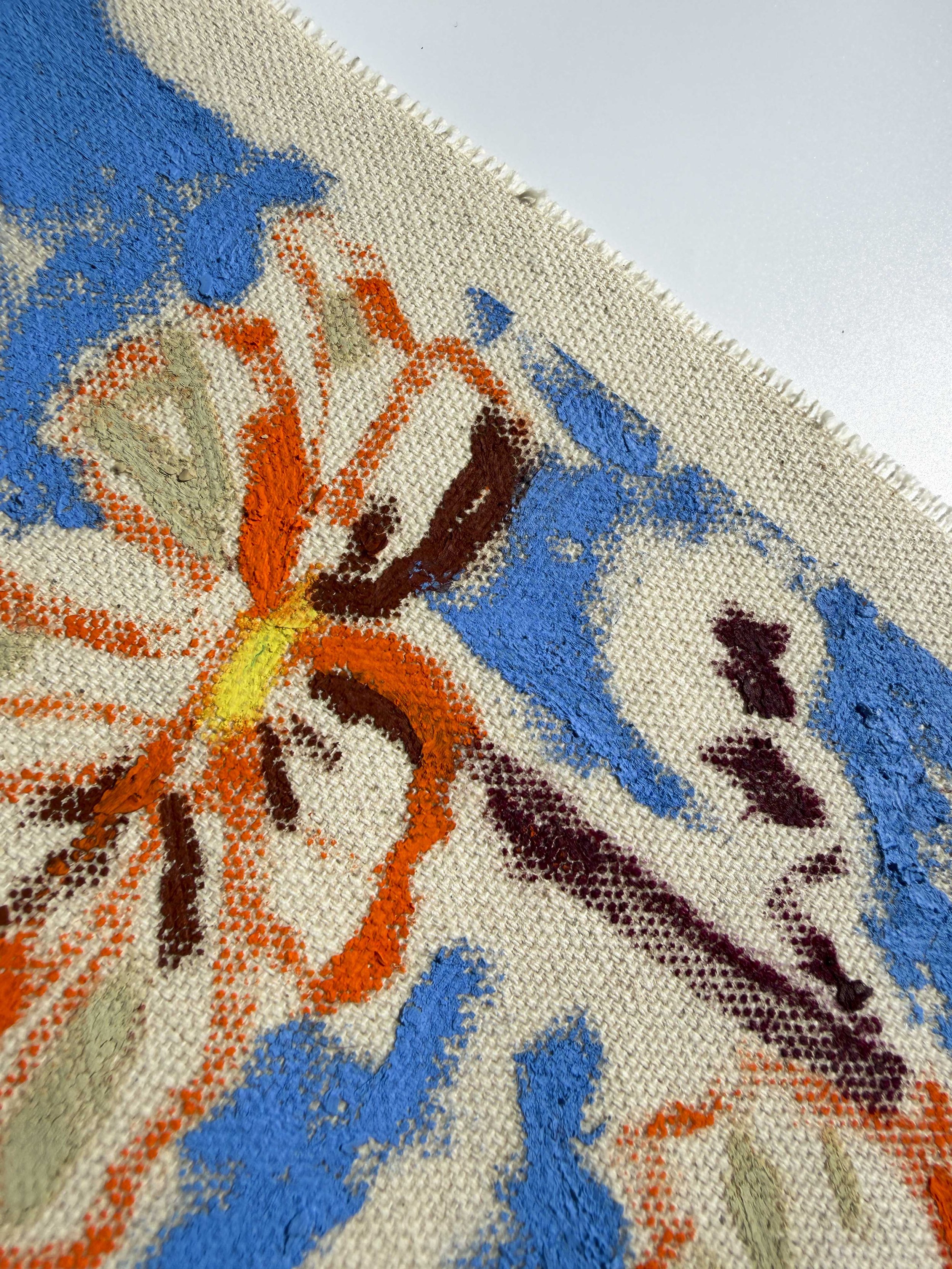 Abstract floral painting in cornflower blue and orange tones on raw unframed canvas, part of the In Bloom collection