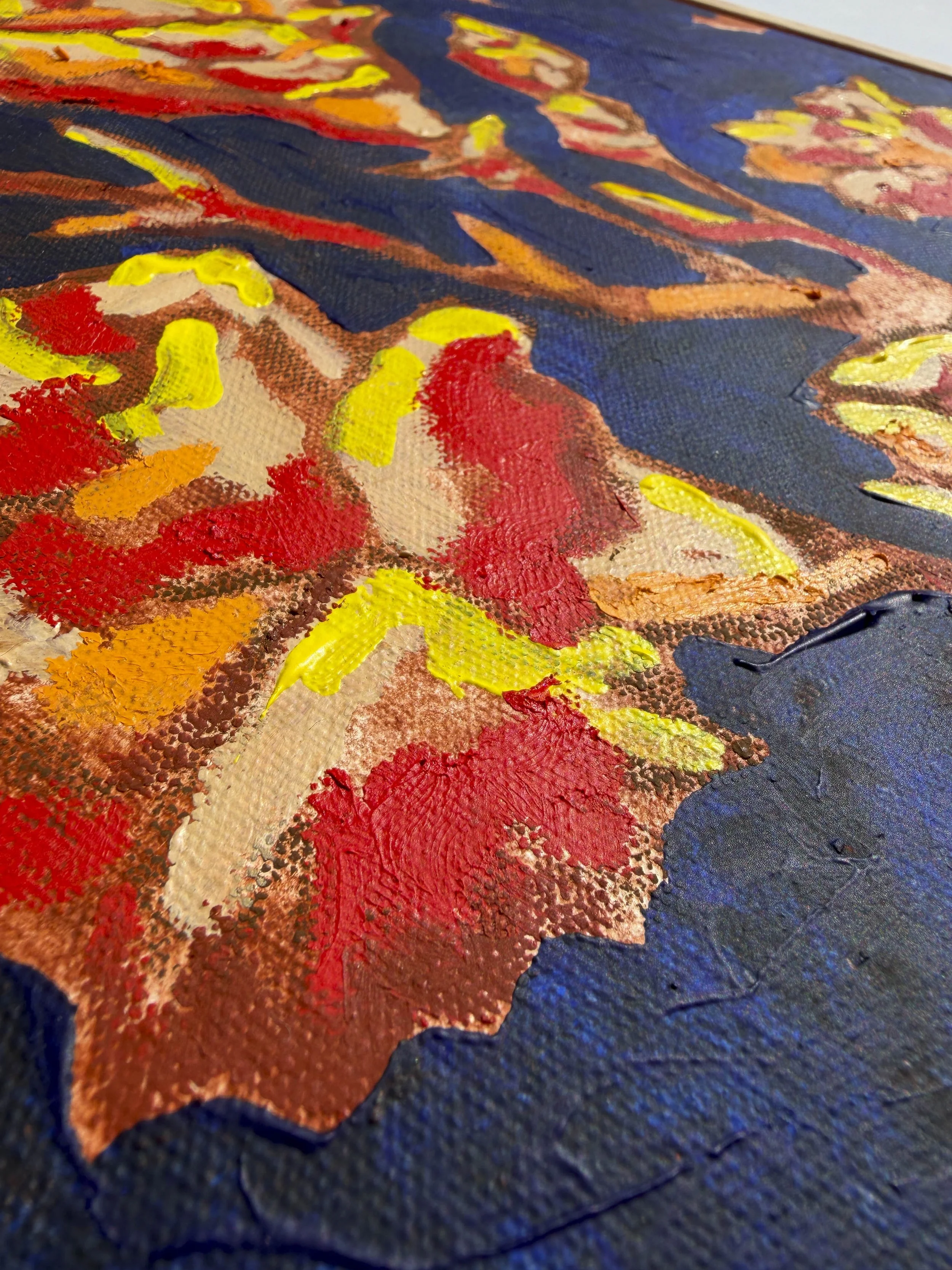 Abstract floral painting in deep navy blue and gold tones, part of the In Bloom collection