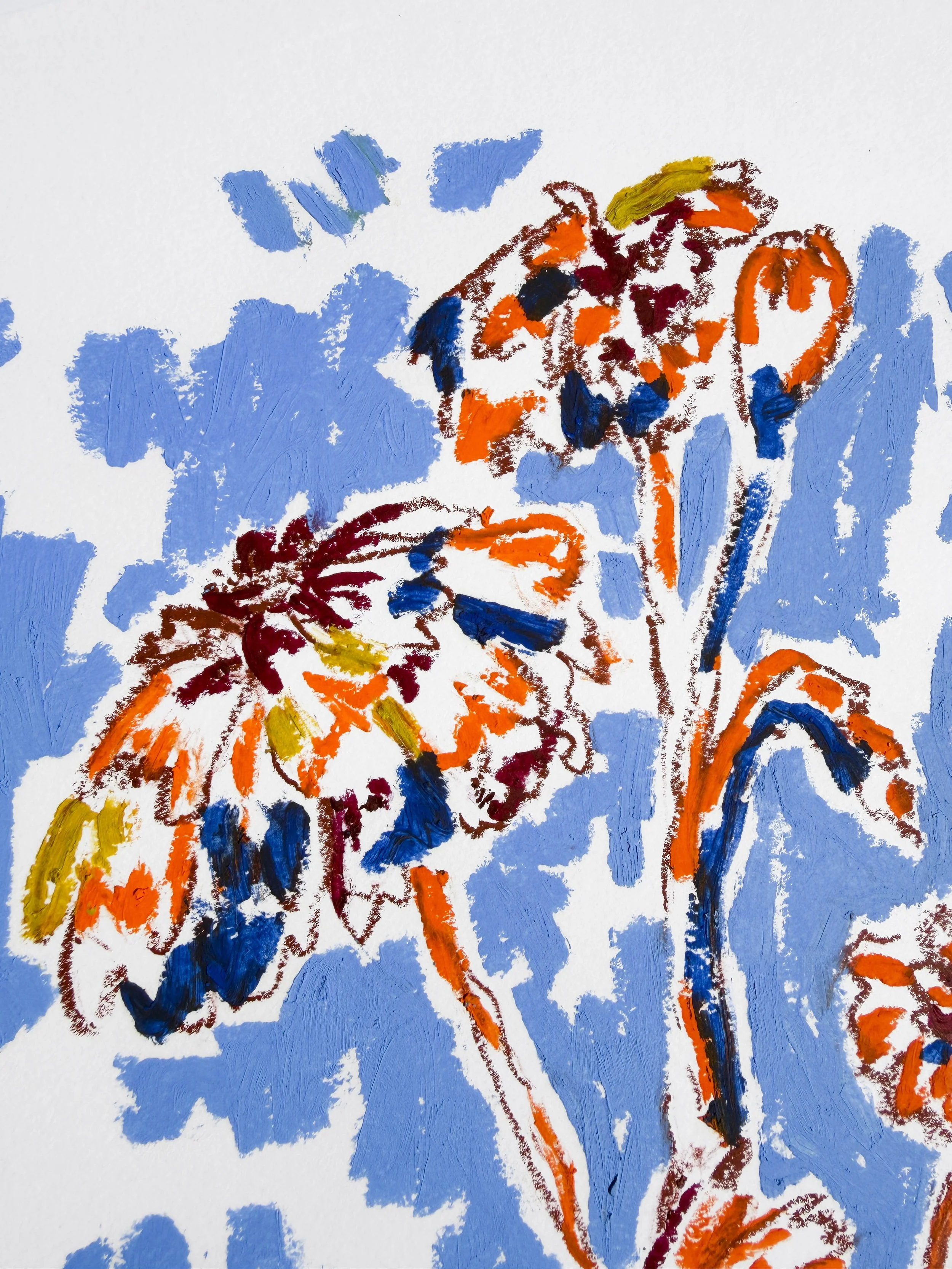 Abstract floral artwork with a clustered bunch of orange, burgundy and gold blooms on blue background, oil stick on paper, part of the In Bloom collection