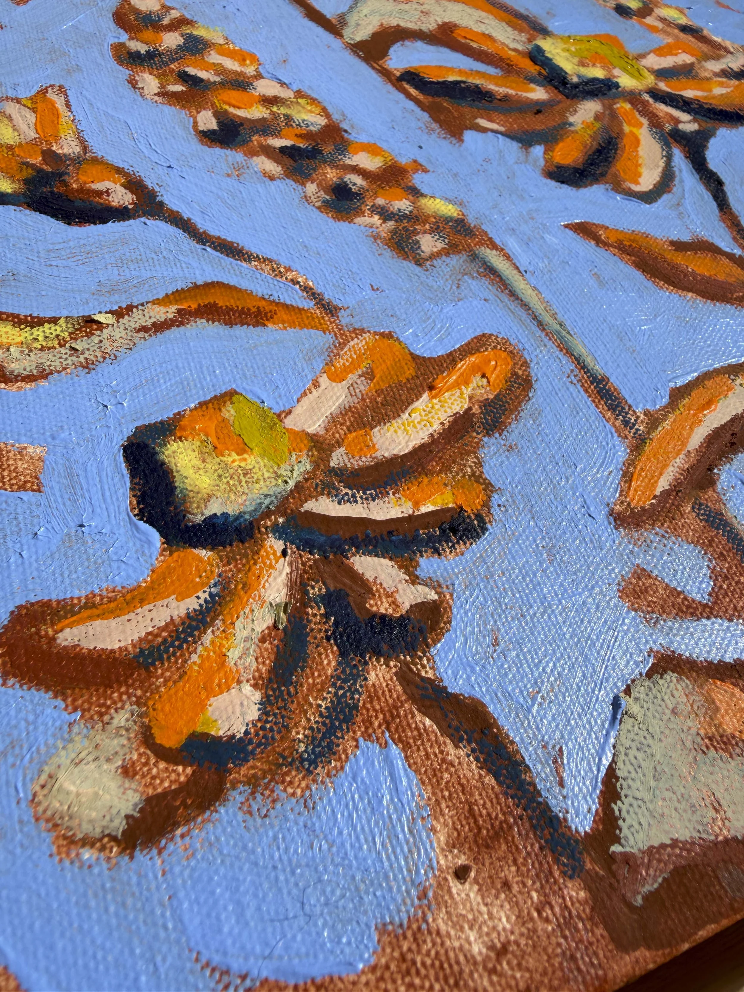 “Spring Morning” — a 30x30cm floral abstract painting in blue and rust, from the “In Bloom” collection. Australian abstract art.