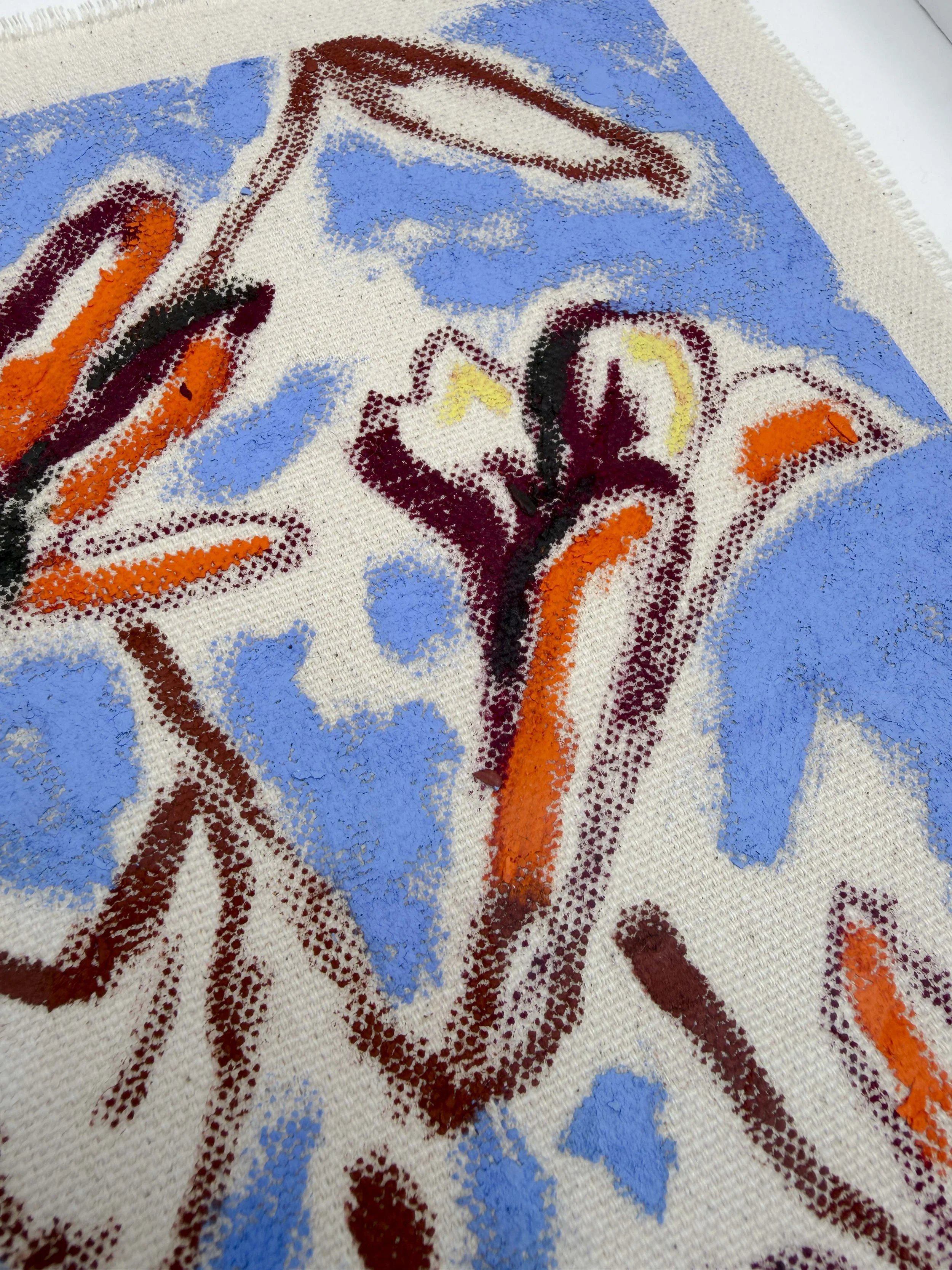 Abstract floral painting in cornflower blue and burgundy tones on raw unframed canvas, part of the In Bloom collection
