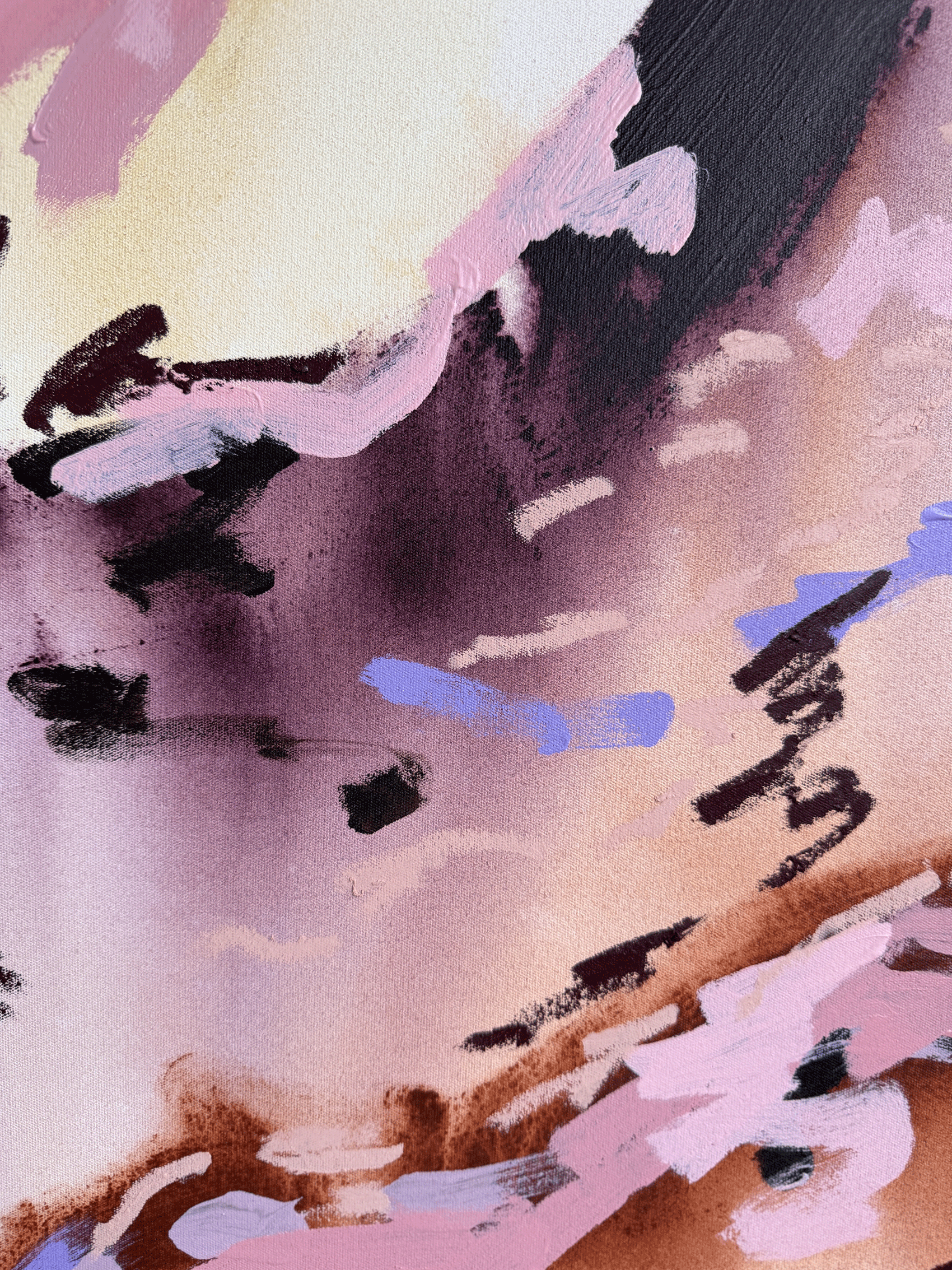 Abstract mountainscape painting in peach, mauve and lavender tones with layered ridges, Australian abstract art