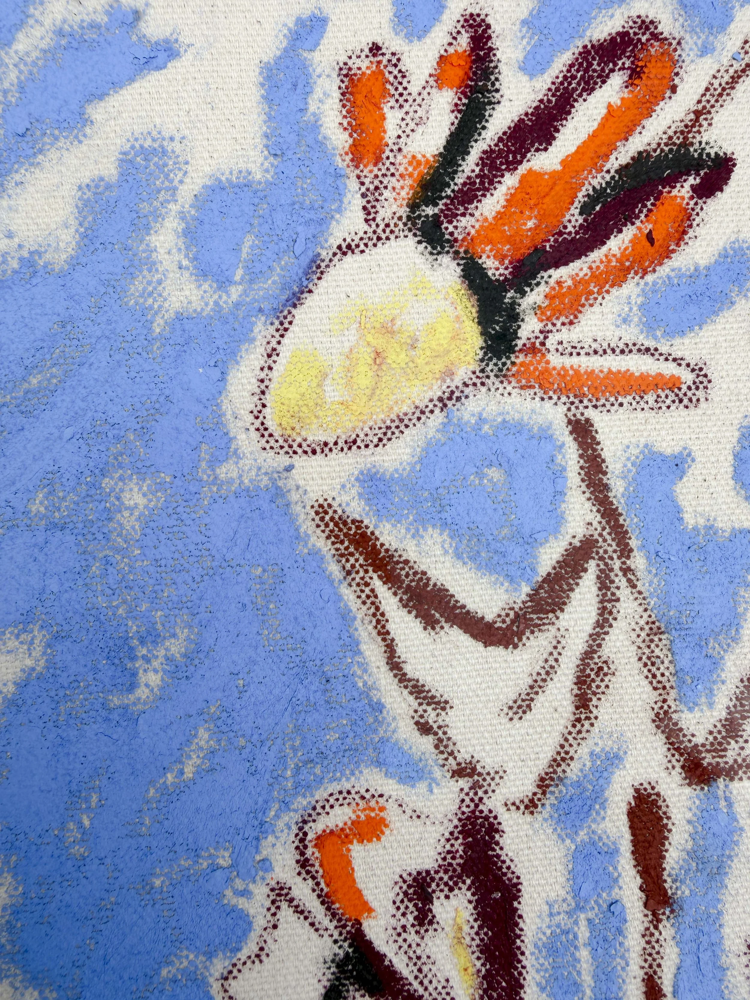 Abstract floral painting in cornflower blue and burgundy tones on raw unframed canvas, part of the In Bloom collection