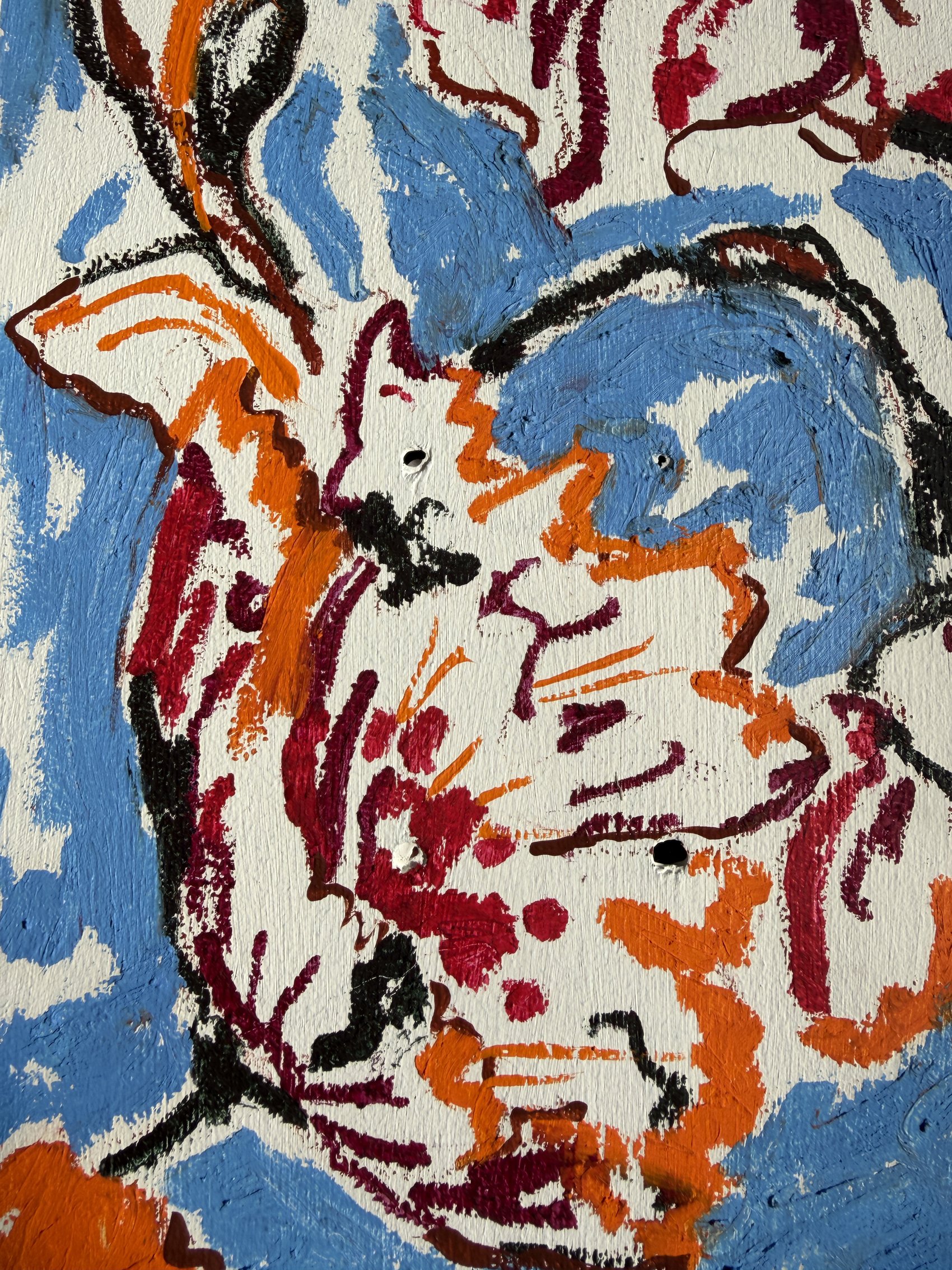 Oil stick painting of orange, burgundy and red wildflowers on a wooden skateboard deck, cornflower blue background