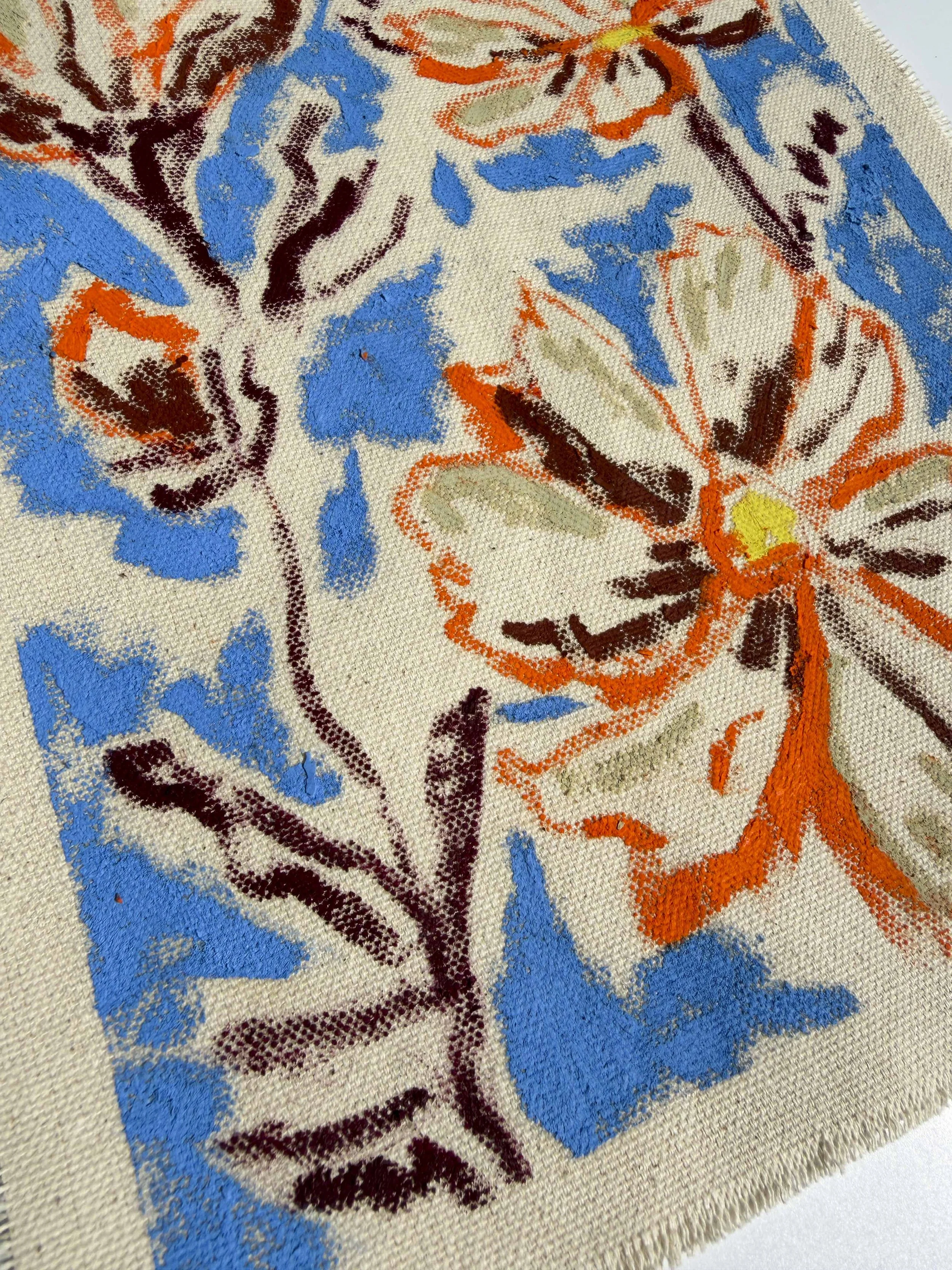 Abstract floral painting in cornflower blue and orange tones on raw unframed canvas, part of the In Bloom collection