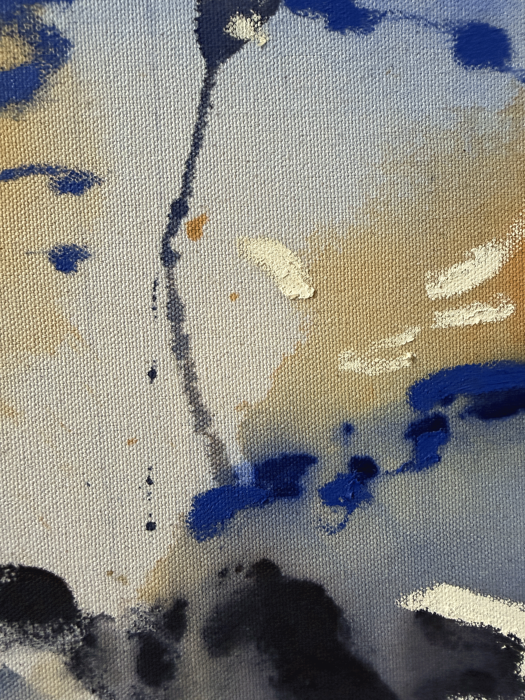 Abstract painting in cobalt, indigo and ochre with raw, stained texture on unprimed cotton duck canvas
