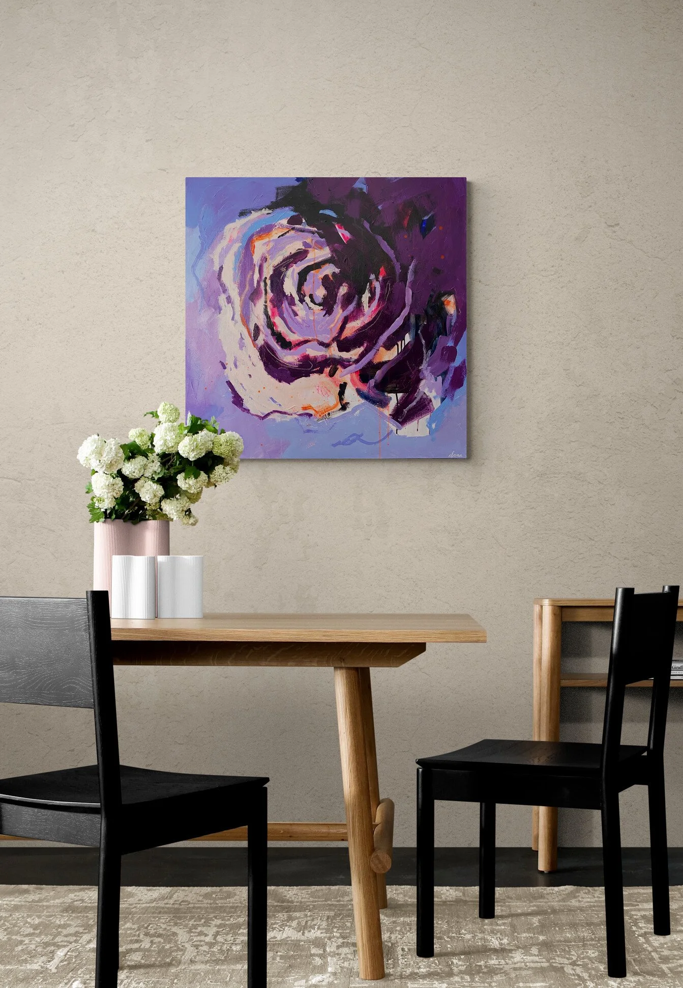 Abstract painting resembling a swirling rose in deep purple, blush pink and cornflower blue, gloss varnish finish