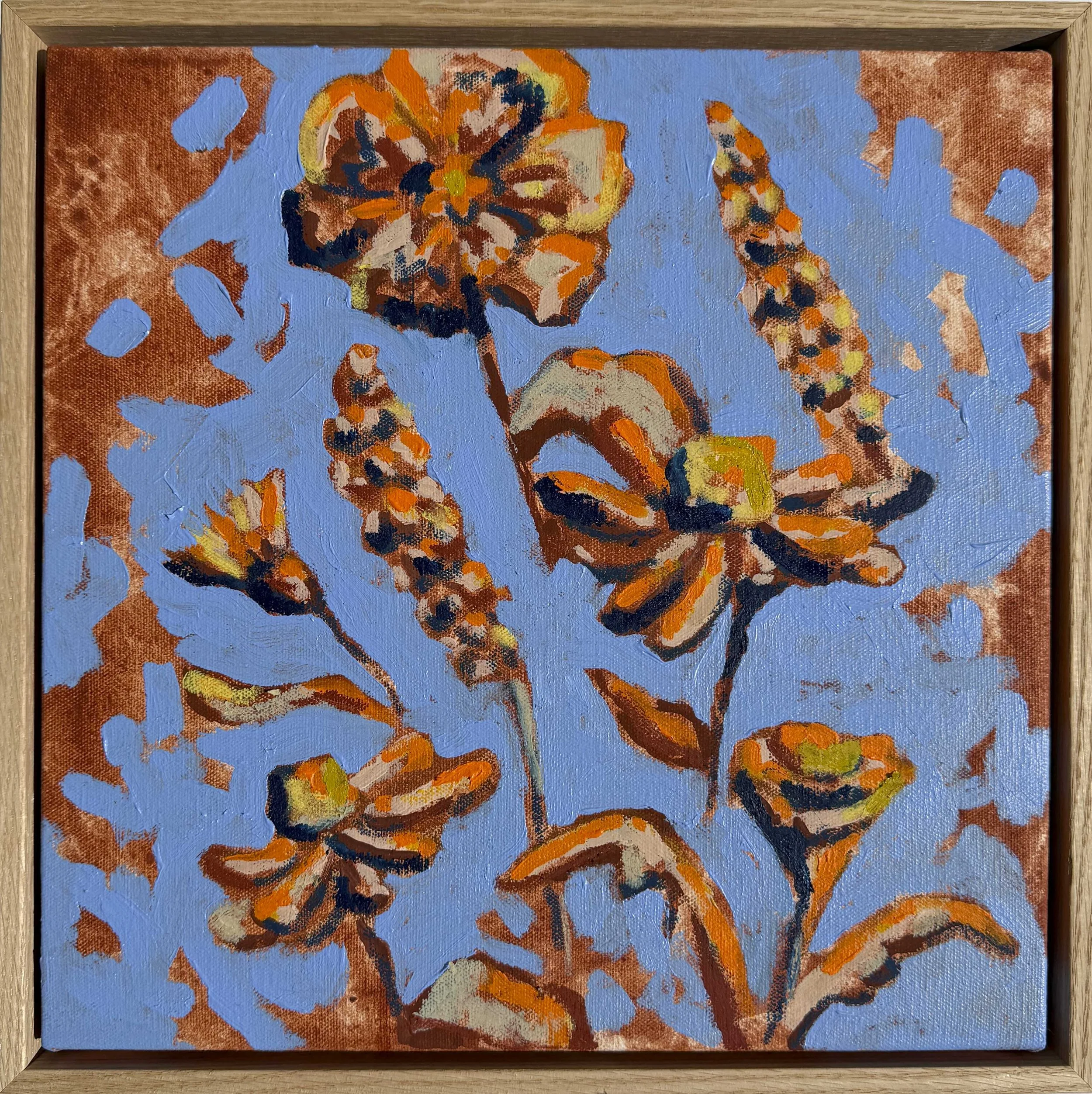 “Spring Morning” — a 30x30cm floral abstract painting in blue and rust, from the “In Bloom” collection. Australian abstract art.