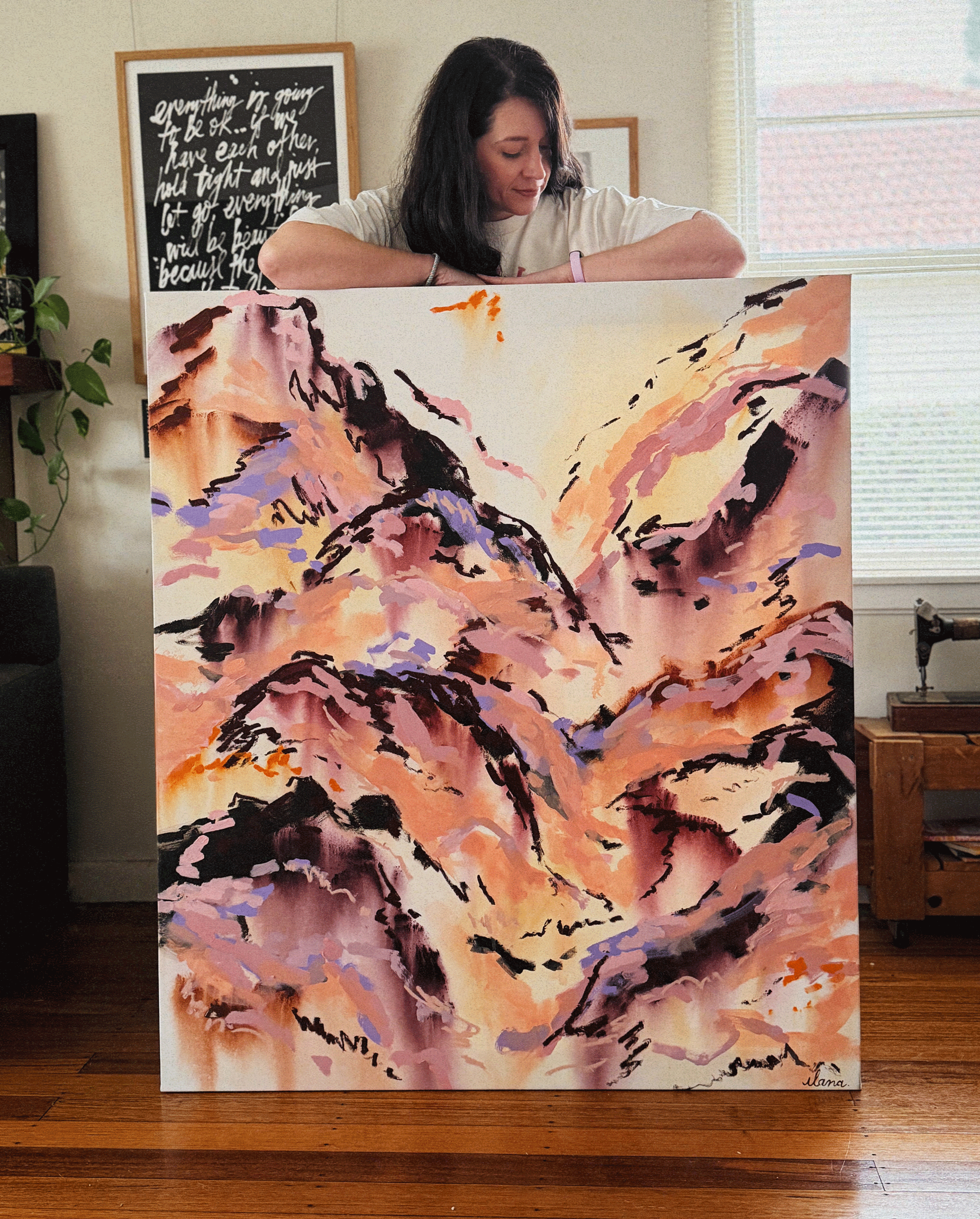 Abstract mountainscape painting in peach, mauve and lavender tones with layered ridges, Australian abstract art