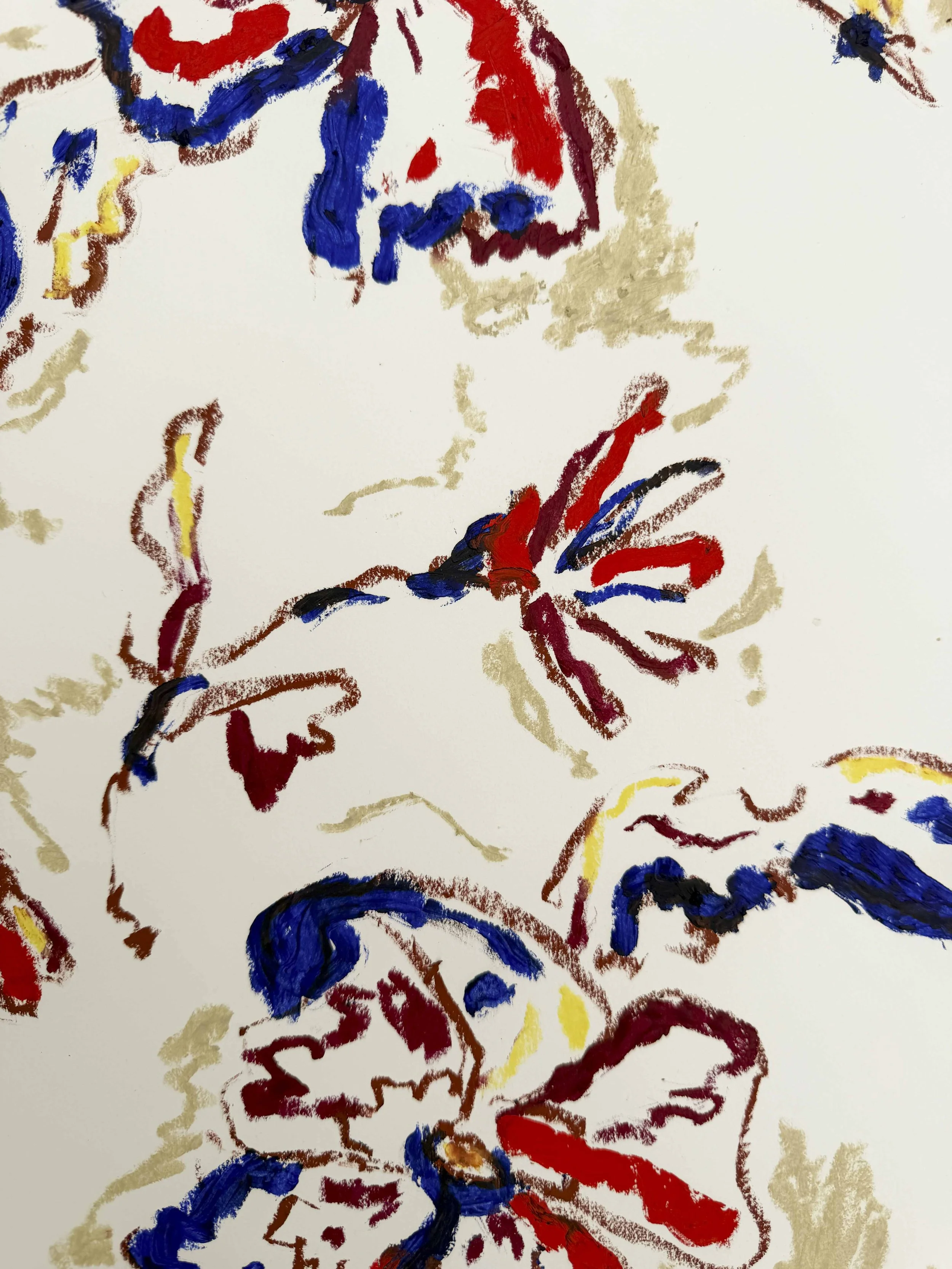 Abstract floral artwork in red, navy and gold tones on a warm sand background, oil stick on paper, part of the In Bloom collection